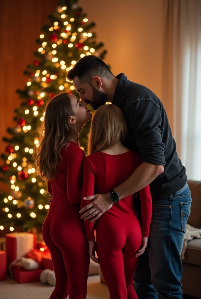 HEIC photo of a mother and father with their beautiful  younger little  kisses daughters,  posing in the living room in front of a Christmas tree .  Father touches daughters' butts .  Daughters in tight red transparent tights .  Daughters look back at camera 