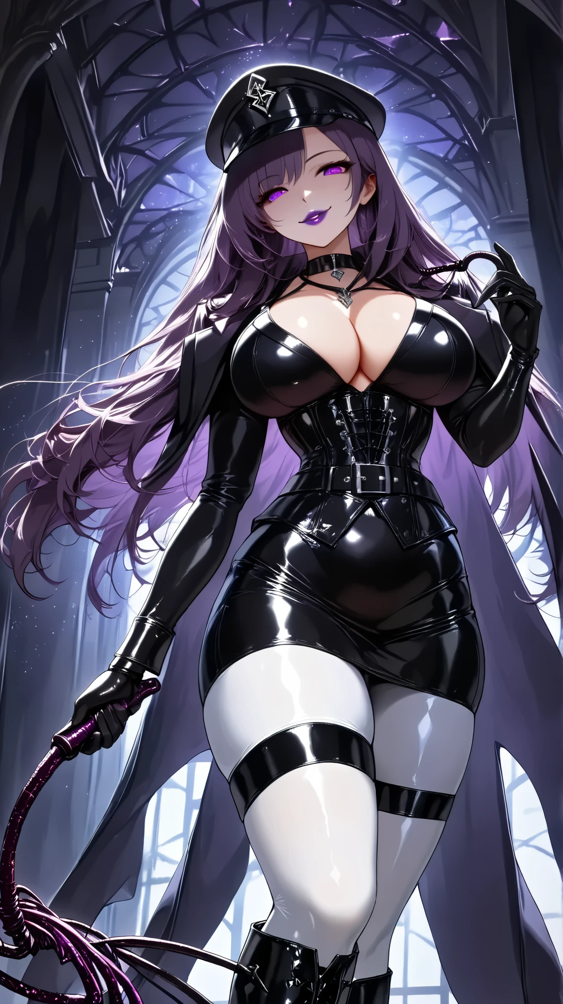  A beautiful mature woman  ,( masterpiece:1.3, top quality :1.3,  very detailed representation :1.3,  incredibly absurd high definition  :1.3, curvy body ,  Beautiful legs ,High quality leather),( Female executive of an evil organization :1.3),(  shiny white bondage corset with intricate construction:1.3,tight white latex skirt  :1.3, bodystocking ,military hat,military cape ,black leather belt, long gloves, leather necklaces  ,  white tights ,  thigh-length leather boots ),(  purple eyes,  eyes half closed :1.2,  Normal breasts , enchanting smile, bright purple lips ,shaded face ,Seductive gestures,  holding a whip in her hand  :1.2), full body image , View from below,bottom: Bedroom at Night , dark atmosphere 