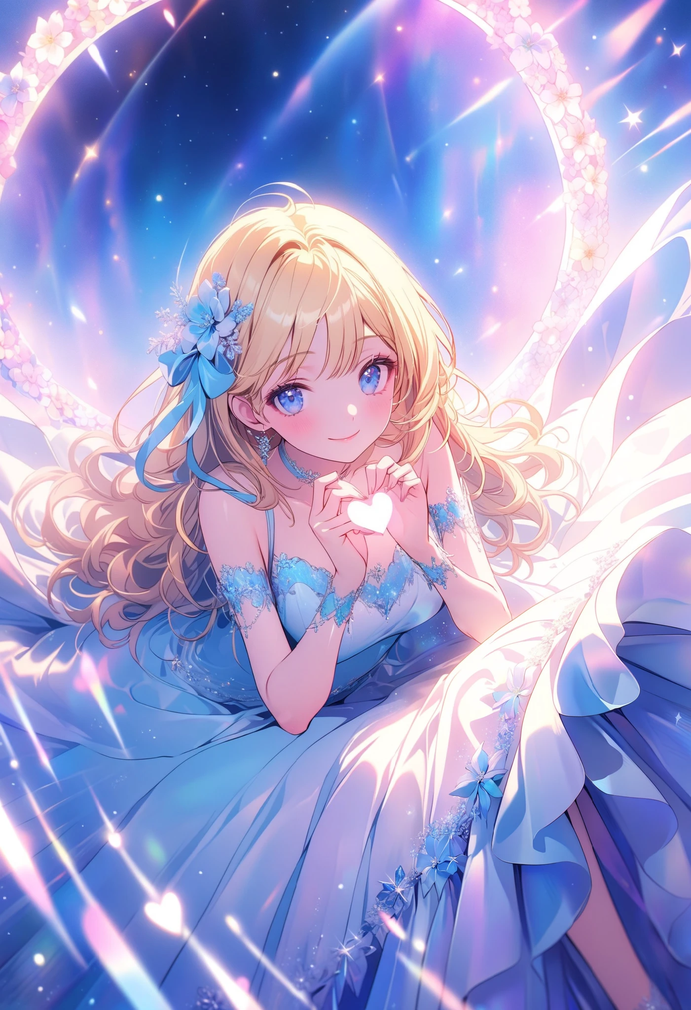  Beautiful girl ,  sexy, Charming, smile,  blond beautiful hair ,  shows a beautiful heart with her hands,  dressed in Beautiful Dress , decorations,  Light Makeup , flower background , hearts,  flower background with a view of the stars , 8 k,  complex details, 