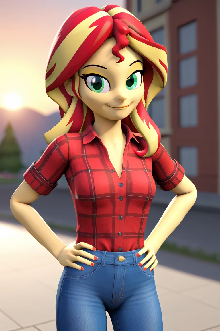 score_9, score_8_up, score_7_up BREAKSambaNekoStyle, sunset shimmer, 3d, sourcefilmmaker ,pestil, painterly hair, sharp contrasts, ,Sunset shimmerEQG, red hair , green eyes, yellow skin, red flannel collared shirt, short sleeves, blue jeans, half body smile, hands on hips,  1girl, solo, red sneakers 