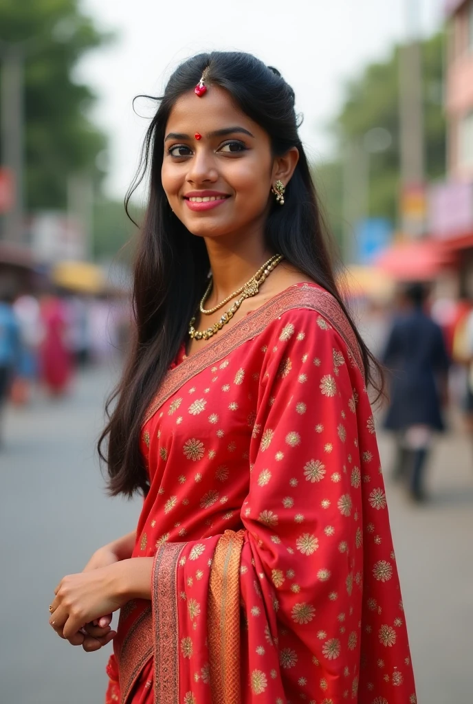 (full body, editorial photograph of a young dusky Indian woman), photographed in a busy street, (highly detailed face:1.4) (smile:0.7) (background Busy indian street , moody, private study:1.3) POV, nikon d850, film stock photograph ,4 kodak portra 400 ,camera f1.6 lens ,rich colors ,hyper realistic ,lifelike texture, dramatic lighting , cinestill 800, realistic, wearing red round-Neck Top, posing!!, candid picture, medium body, medium sized breasts, black hair, bun hair, medium hair length realistic skin texture, brown skin