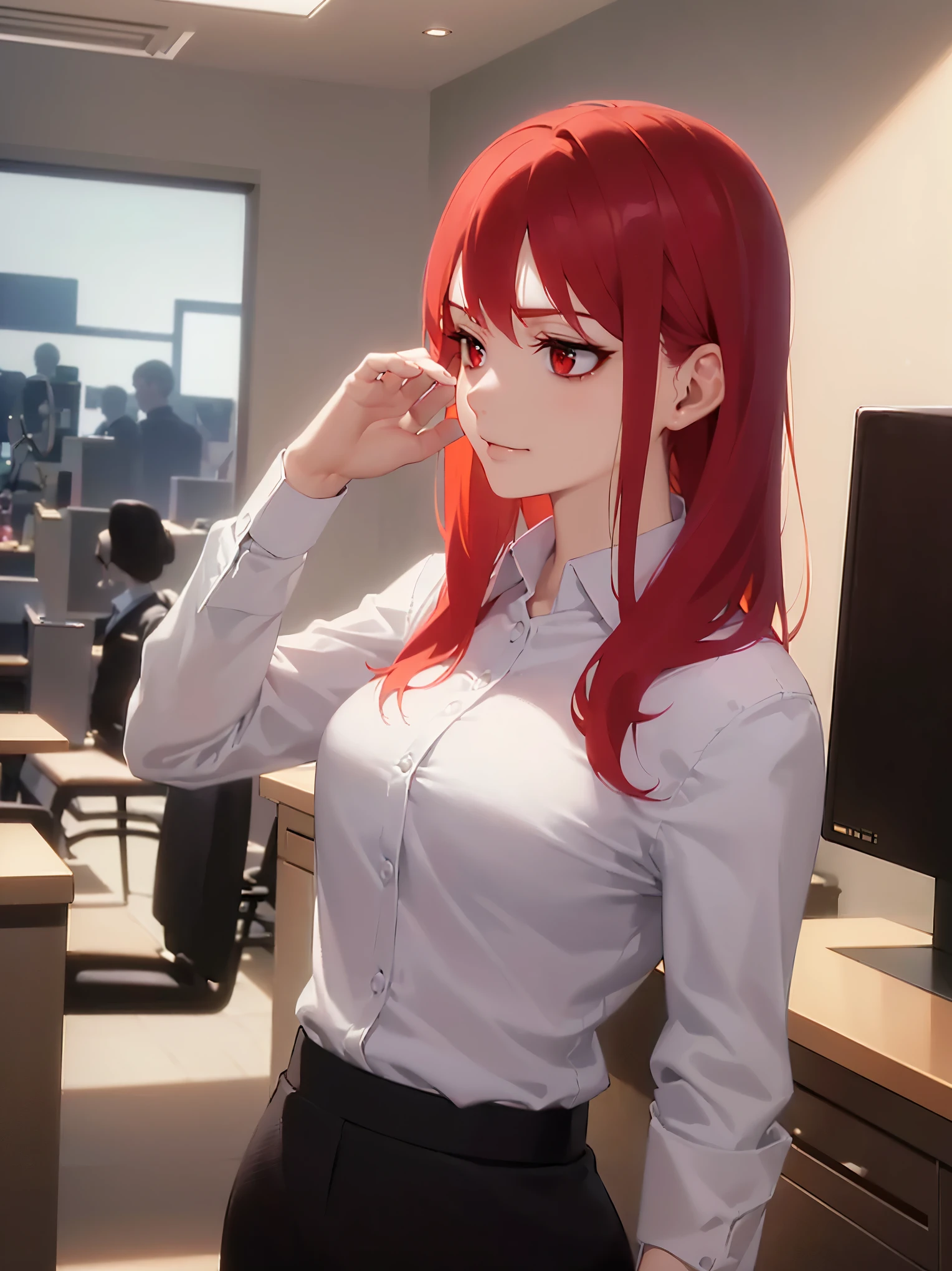 masterpiece, best quality, detailed, Masterpiece, Great detailed pictures
upper body, side angle, (looking away:1.5), 
hand up, 
(pale skin: 1.2), shiny skin, shiny hair, (25-year-old woman) and (medium hair) and (red hair) and (red eyes),
(Business suit:1.5) and (white collared shirt) ,
(smug:1.5), 
inside office room,
alone, standing.