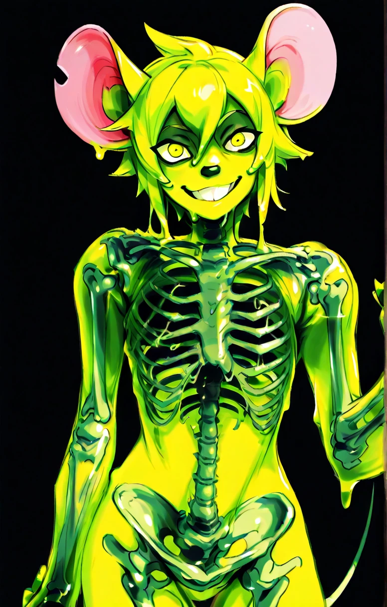 masterpiece, best quality, slime anthro mouse, skeleton, 1guy, solo, looking at viewer, smile, yellow eyes, green hair, colored skin, black background, monster furry mouse, green skin, green theme