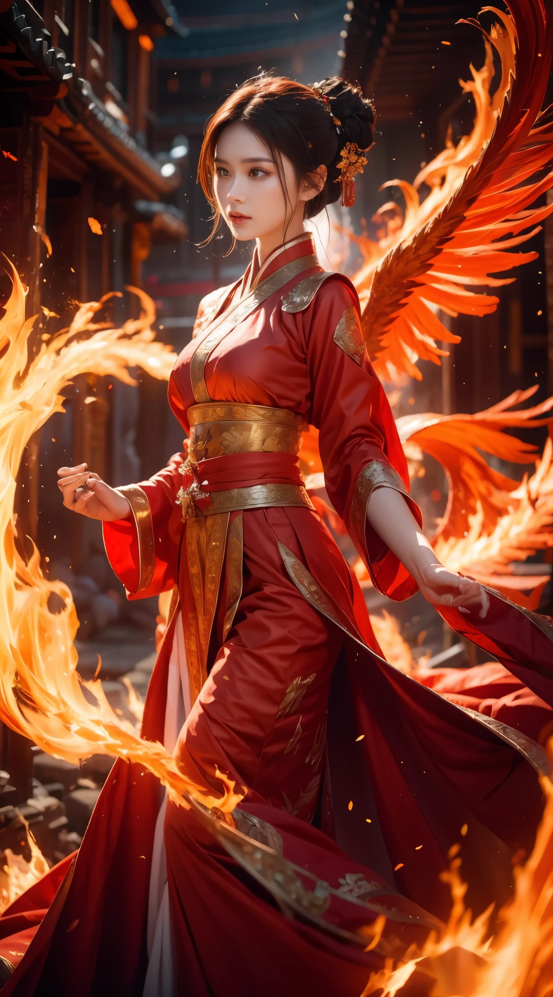 1 girl,front view,battle,Flame mage dressed in fiery red（Chinese Hanfu），The robe was embroidered with intricate runes and ornaments，exude fiery breath。she was tall and strong，Hands up，A powerful fire spell is being unleashed。Her eyes were firm and sharp，A flash of fire flashed in her eyes，Behind the Flame Mage，（A huge flaming phoenix flew with its wings spread：1.2），（The wings of the phoenix burned with a roaring flame），shining brightly，Its body is surrounded by flames，Fiery wings danced，Form a spectacular fiery six-pointed star array pattern，Full of mysterious magic，The whole scene is full of fiery aura and passion for fighting，A large area of flame spells bloomed in the air，A brilliant arc of flames and flying sparks was formed，（Phoenix with Flame Mage），It looks majestic and mysterious in the midst of raging fire，Like the incarnation of fire and magic,long red hair，high detail，Ultra-realistic realism，Verism，（（Bust Photo）），（Real Photographics：1.4），（lightand shade contrast），cinmatic lighting，Realistic special effects，C4D Rendering，rendering by octane，Ray traching，in a panoramic view，angle of view，textured skint，super detailing，hyper HD，tmasterpiece，anatomy correct，best qualtiy，hight resolution，8K