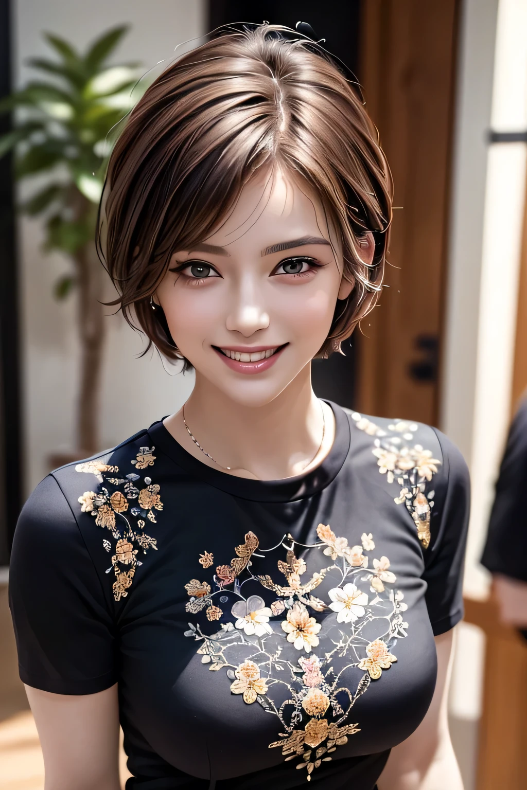 ((masterpiece )), (( Top Quality)), ((16k)), (( surreal)), ((  realistic)), (  mature), (( No classes)),     very detailed , ( 1 female ), Beautiful and exquisite, (Beautiful Teeth), grin,  brunette pixie cut,  brown eyes, ((Black shirt decorated with detailed patterns)), ( upper body), (( office)),  perfect eyes, amazing eyes,  look at the audience with your body facing the front  