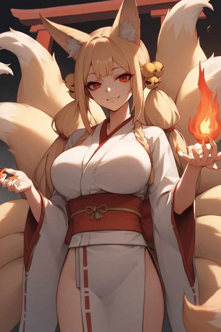 1girl,suzuran \(arknights\), arknights, green eyes, animal ear fluff, blonde hair, hairband, braided hair rings, fox ears, fox girl, fox tail, kitsune, multiple tails, hair rings, pink kimono, off shoulders, collarbone, hand on own hip,
a cute fox girl posing in front of epic scenery, she is happy and calm, revealing and teasing yet SFW