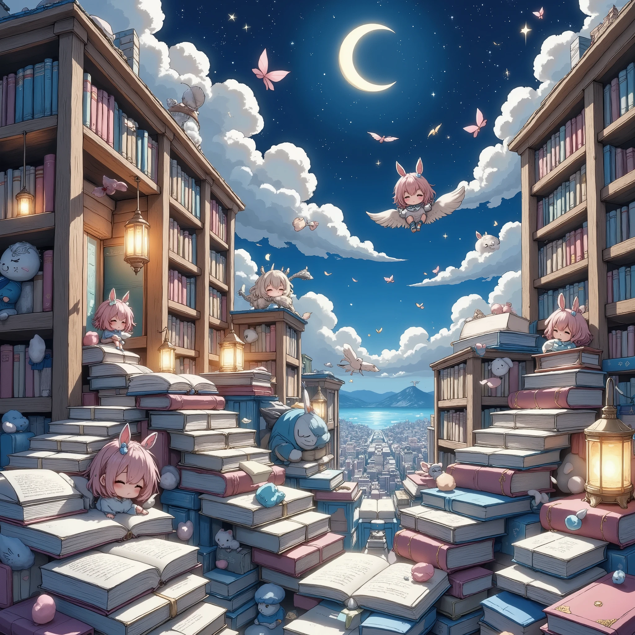 masterpiece, best quality, 8k, highres, ultra-detailed, HDR, UHD, ultra-fine painting, chalk art style, whimsical flying library, floating ancient bookshelves filled with glowing books, soft pastel textures, magical atmosphere, books with glowing chalk-drawn pages fluttering in the air, tiny chibi characters riding on open books, floating lanterns lighting up the scene, massive chalk-drawn quill pens suspended in mid-air, crescent moon hanging above the library, swirling clouds blending with a starry night sky, glowing pathways made of book pages, chalk trails connecting floating shelves, playful and surreal composition, intricate chalk details, colorful constellation patterns sketched in the sky, staircases made of floating books, ethereal and enchanting