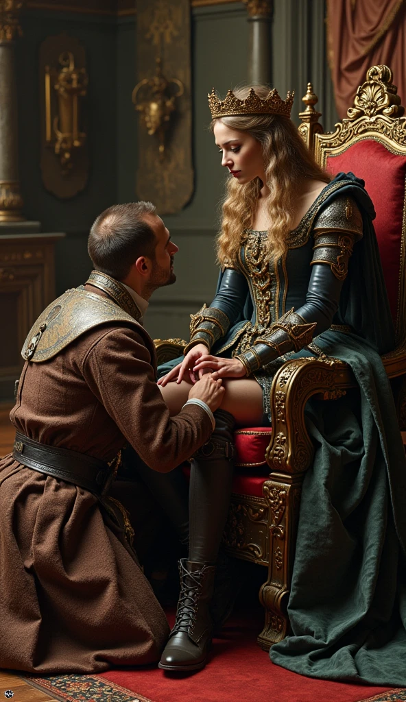 1girl 1boy , a noble lady, Expressiveh, a queen in intricate renaissance dress towering over a peasant , Regal and beautiful, looking down on a peasant with disdain , wide hips and thick thighs, bottomless, pubic hair, thick pubic hair, dynamic angle, anime style, low angle, close up, art deco gothic tattoos, BREAK ,
a peasant kneeling in front of the queen, BREAK ,
Beautiful Gothic room with real skulls for decoration,
easynegative, Expressiveh