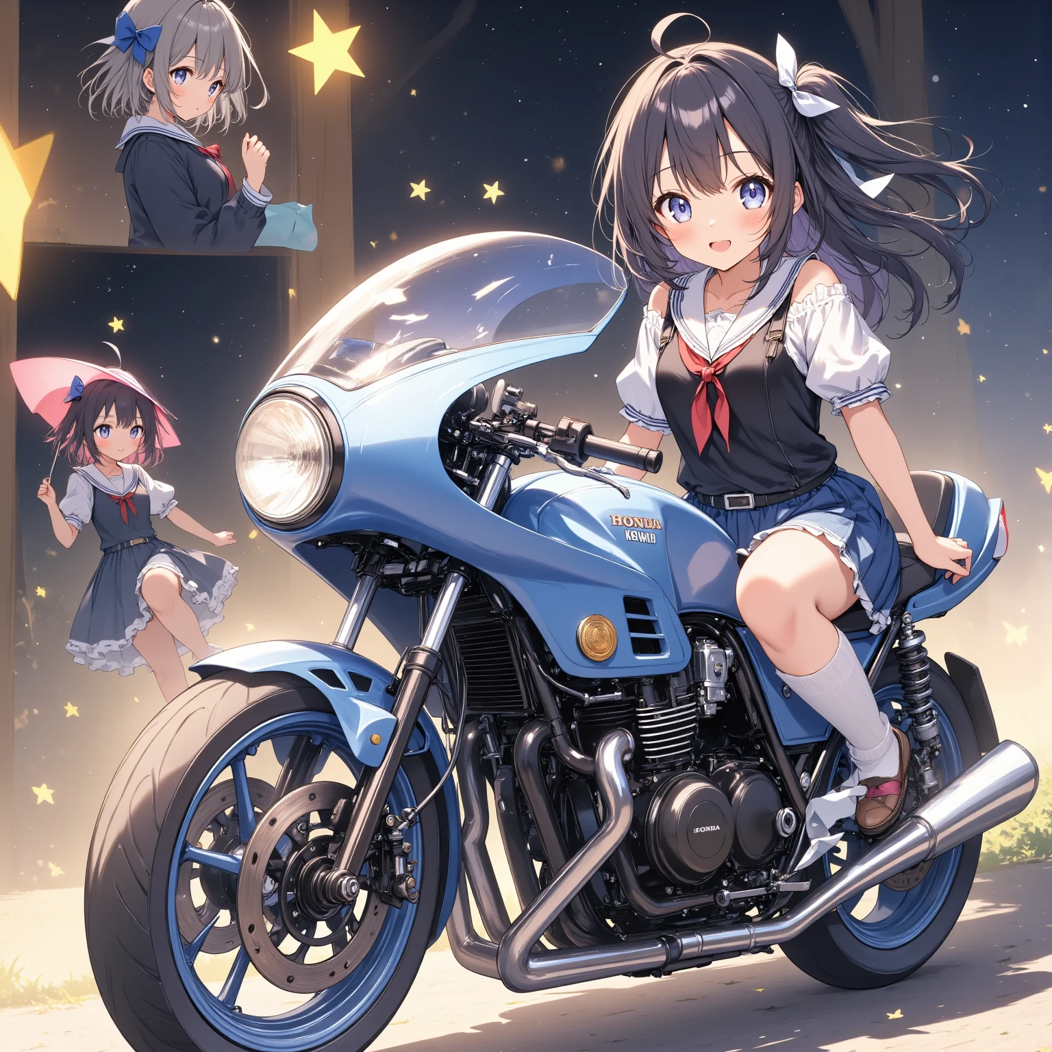 ONE HIGH SCHOOL GIRL RIDING A MOTORCYCLE 　+ CAFE RACER TUNED HONDA CBX400F　+ glossy brown skin + sailor suit　+ loose socks　+ rocket cowl 　、 top quality,  