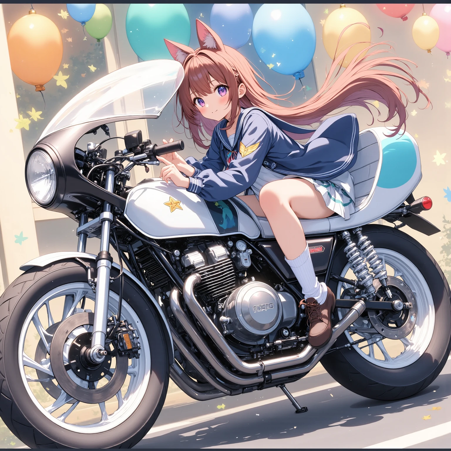 ONE HIGH SCHOOL GIRL RIDING A MOTORCYCLE 　+ CAFE RACER TUNED HONDA CBX400F　+ glossy brown skin + sailor suit　+ loose socks　+ rocket cowl 　、 top quality,  