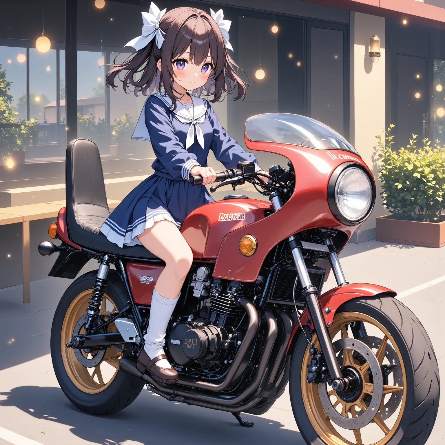 ONE HIGH SCHOOL GIRL RIDING A MOTORCYCLE 　+ CAFE RACER TUNED HONDA CBX400F　+ glossy brown skin + sailor suit　+ loose socks　+ rocket cowl 　、 top quality,  