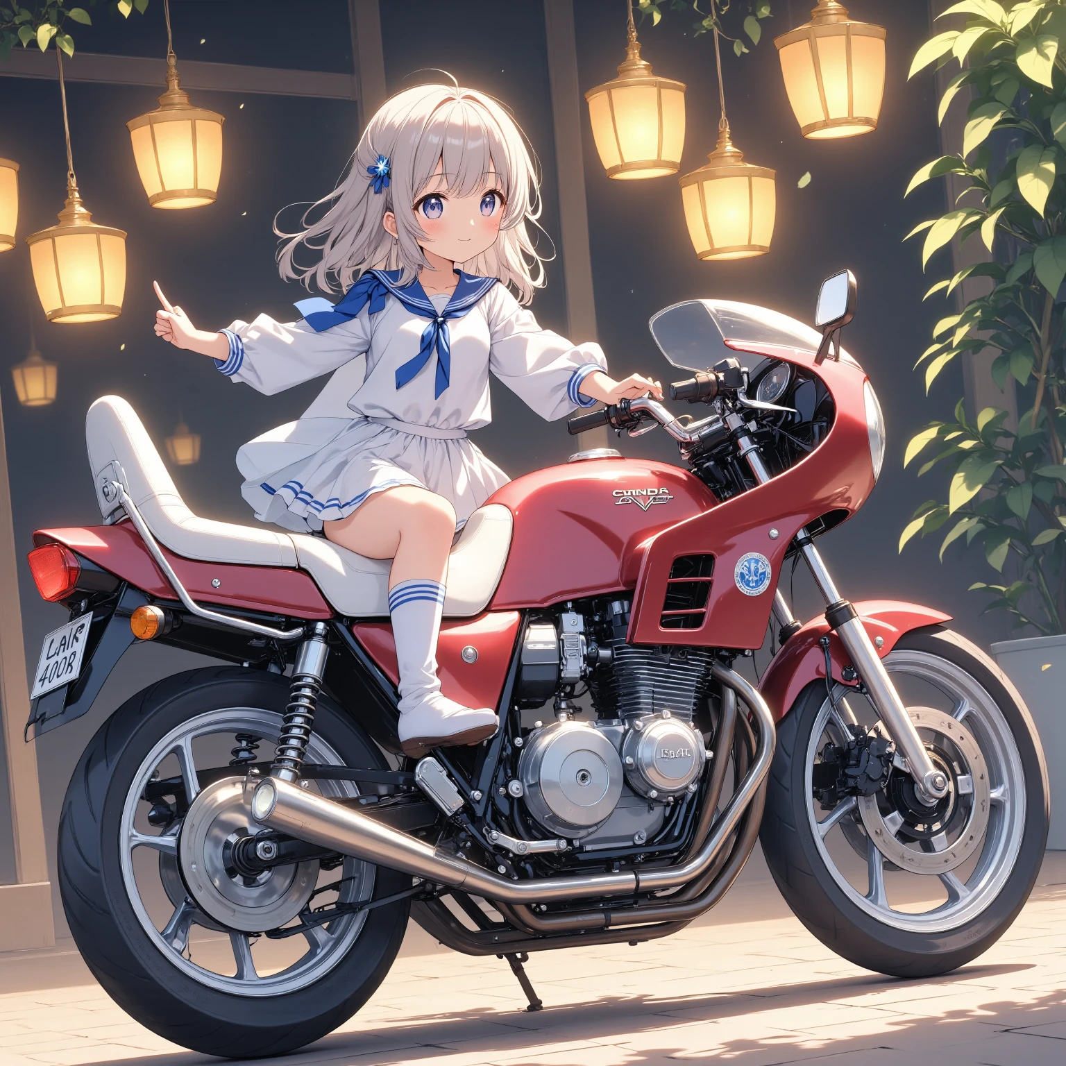 ONE HIGH SCHOOL GIRL RIDING A MOTORCYCLE 　+ CAFE RACER TUNED HONDA CBX400F　+ glossy brown skin + sailor suit　+ loose socks　+ rocket cowl 　、 top quality,  