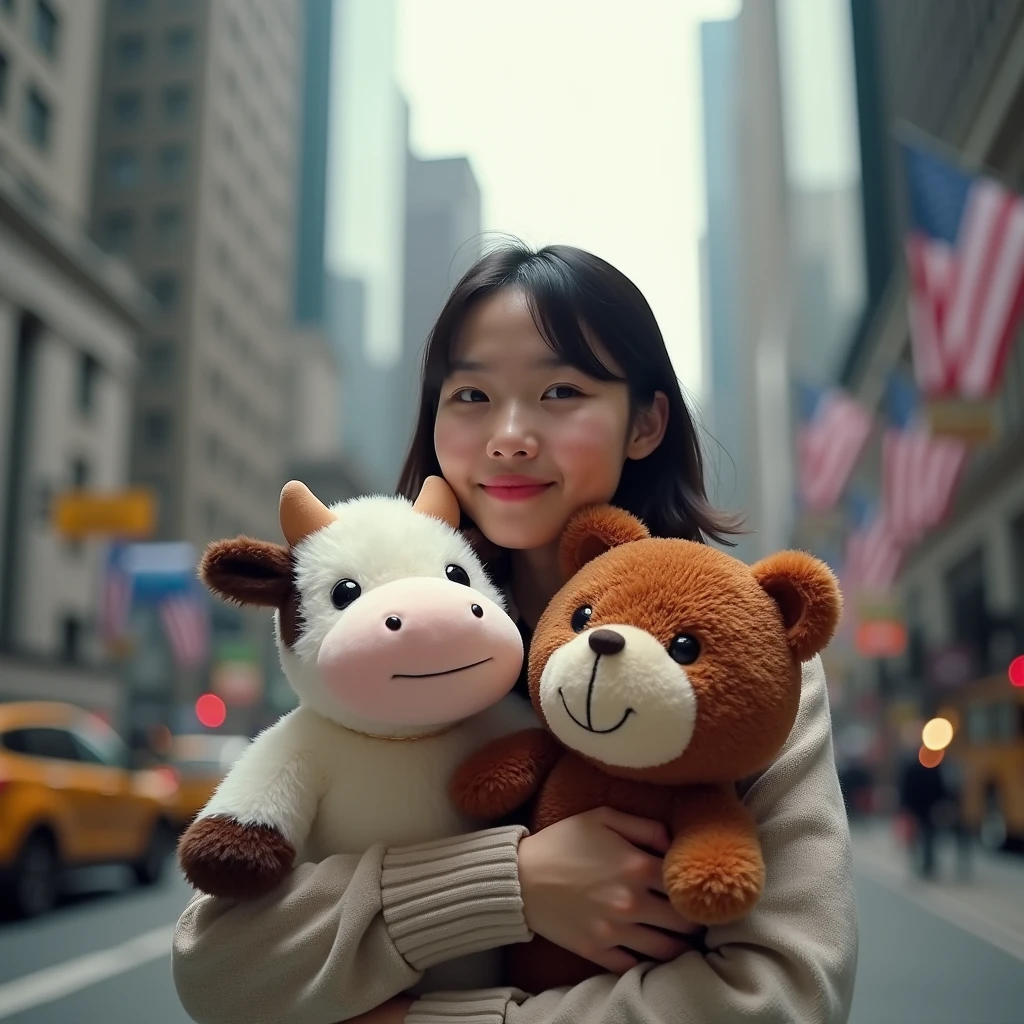 Young Taiwanese woman , One-hand hug cow puppet ,One-hand hug bear puppet , The background is Wall Street, USA,Realistic photos