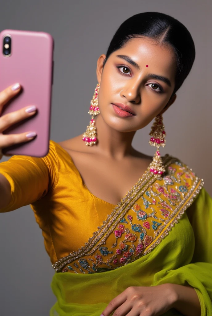 Generate a sharp, photorealistic image of Anupama Parameswaram posing seductively while taking a selfie indoors against a neutral, grayish, out-of-focus background. She wears a vibrant traditional outfit: a mustard yellow blouse with long sleeves and a green saree adorned with colorful patterns of red, yellow, and blue, draped in a way that hints at her figure without compromising dignity. In her left hand, she holds a modern smartphone with a pinkish-purple case, positioned to capture her alluring pose. Her right arm is raised, elbow bent, with her hand near her head, accentuating her curves. The saree is artfully arranged, revealing one shoulder and flowing gracefully over her left arm. She wears large gold hoop earrings and has manicured nails painted in a soft pastel shade. The warm lighting enhances the richness of her outfit and complements her skin tone. Anupama's expression is confident and slightly mischievous, meeting the camera with a seductive gaze. Ensure the image has pixel-perfect skin texture and accurately represents Anupama's real features. Use 'Anupama' as a keyword to trigger her LoRA in the prompt.