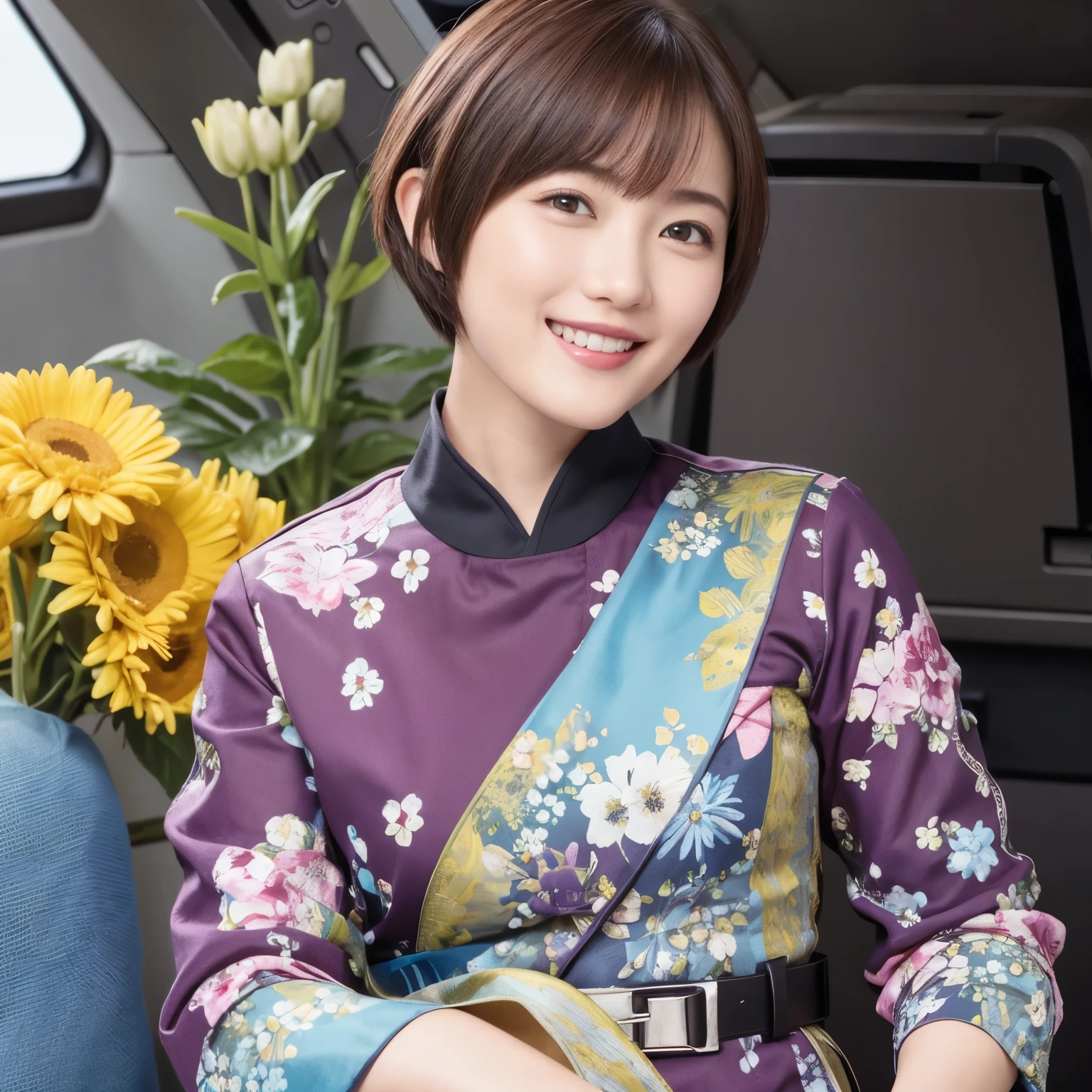 (Masterpiece, Best quality:1.4), (Ultra realistic, Photo-realistic:1.2), Natural light, 25 years old actress, Japanese women, Neat and clean, (cabincrew uniform:1.2), (unbutton:1.3), (Short wavy hair:1.2), ponytail, Light brown hair color, (Beautiful Face), Oval face, clear, (Beautiful eyes, Kind eyes), (Clear skin), Small face, (Small mouth, Beautiful mouth), Natural makeup, Approachable, Luxury hotel Suite room, On bed, (nsfw:1.3), Seductive smile, (Seductive pose:1.3), (Beautiful thighs:1.1), Bedroom eyes, Group photo