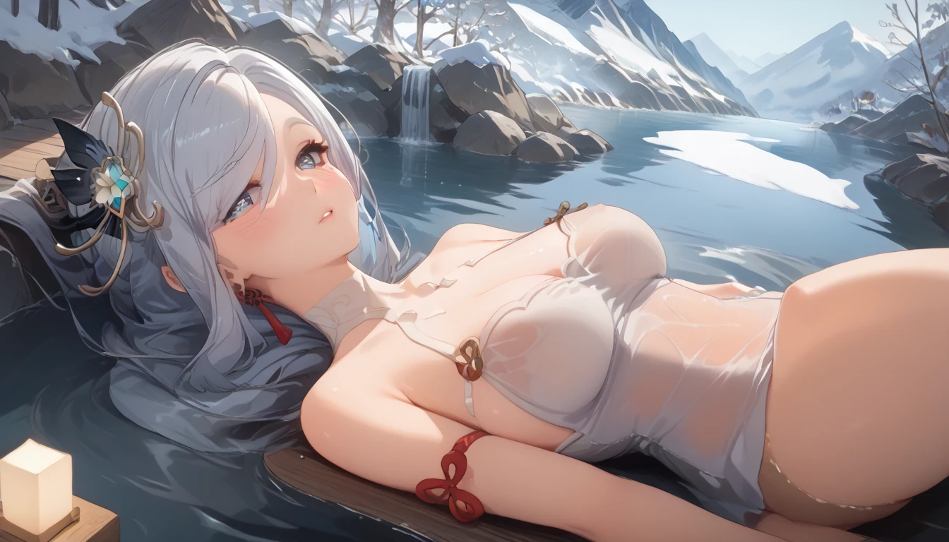  masterpiece， high resolution on the bench，Anime Art，Anime Numbers， 4k anime wallpaper，Soft Light， radiant skin， unique ，An anime girl， blush，Lying in the water，Wearing a bath towel， silver hair ， Steaming ，gradient blue eyes，A distant view of a snowy mountain ，hot spring