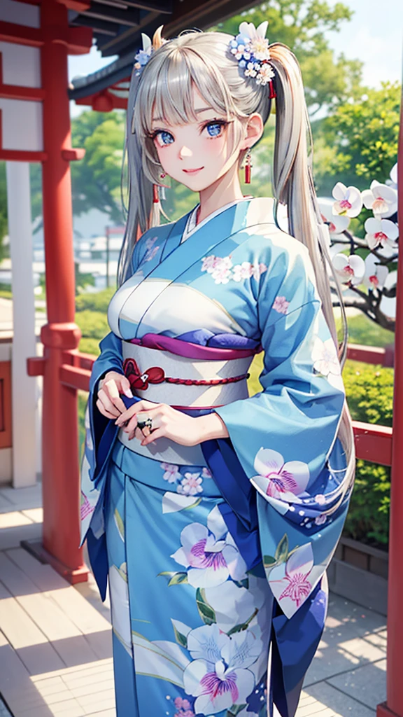 A 18 years old Japanese lady(( small breast, slender)),((put her hands on her mouth )), bluish gray medium hair((curly voluminous frizzy hair ))(( much shaggy forelock:1.3)),((hair over both eyes completely:1.5)), tidy yukata ((dianthus patterns )),Japanese style coat((cherry blossoms color )),(( half moon motif’s hairpin )) , shiny pink big round droopy eyes, blush and passionate smile, fearless atmosphere, neatly posing, best quality