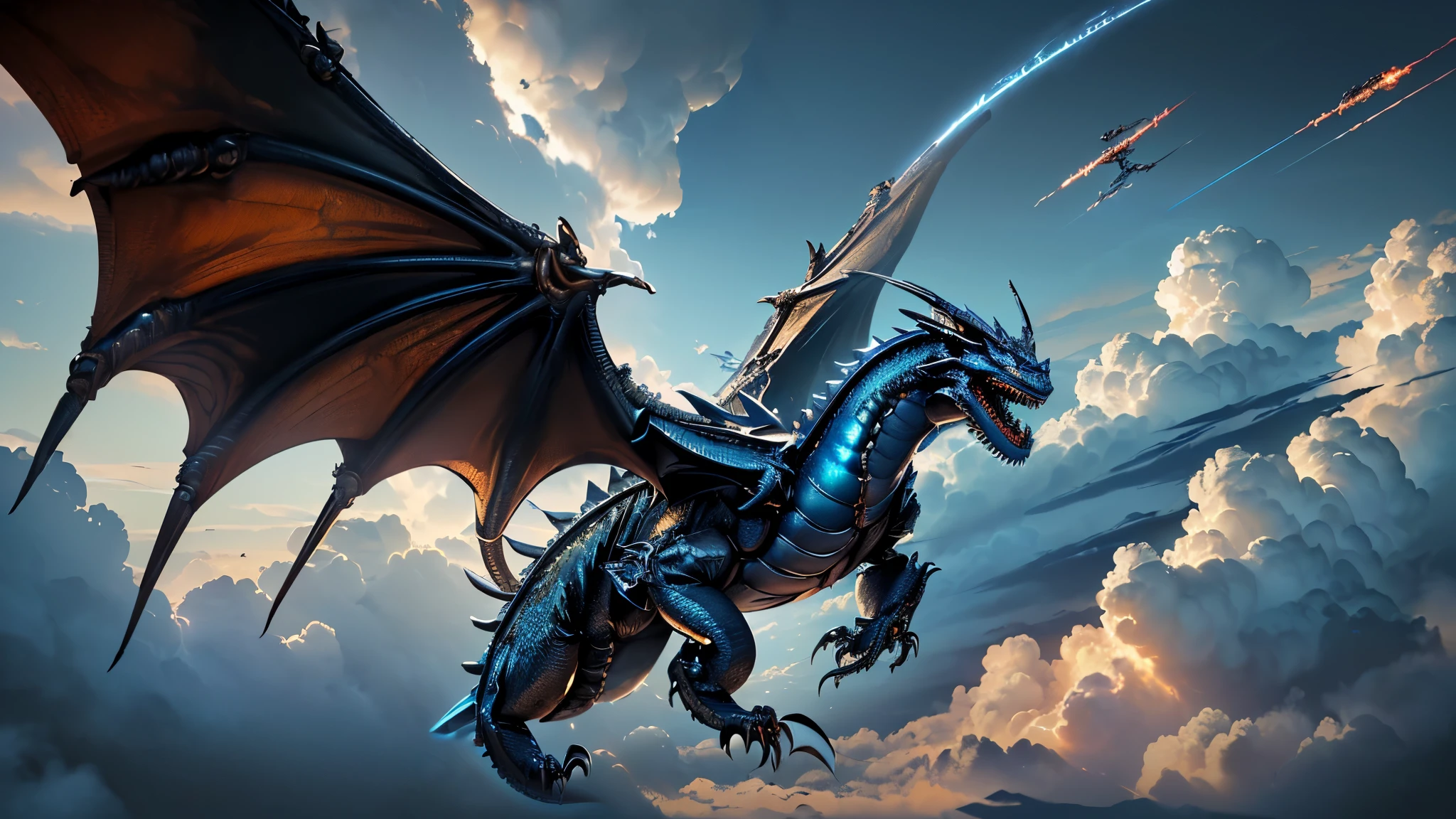 (masterpiece), 1girl, long hair, blue hair, knight, dress, floating castle, fantasy, dragon, dynamic angle, scenery, magic circle