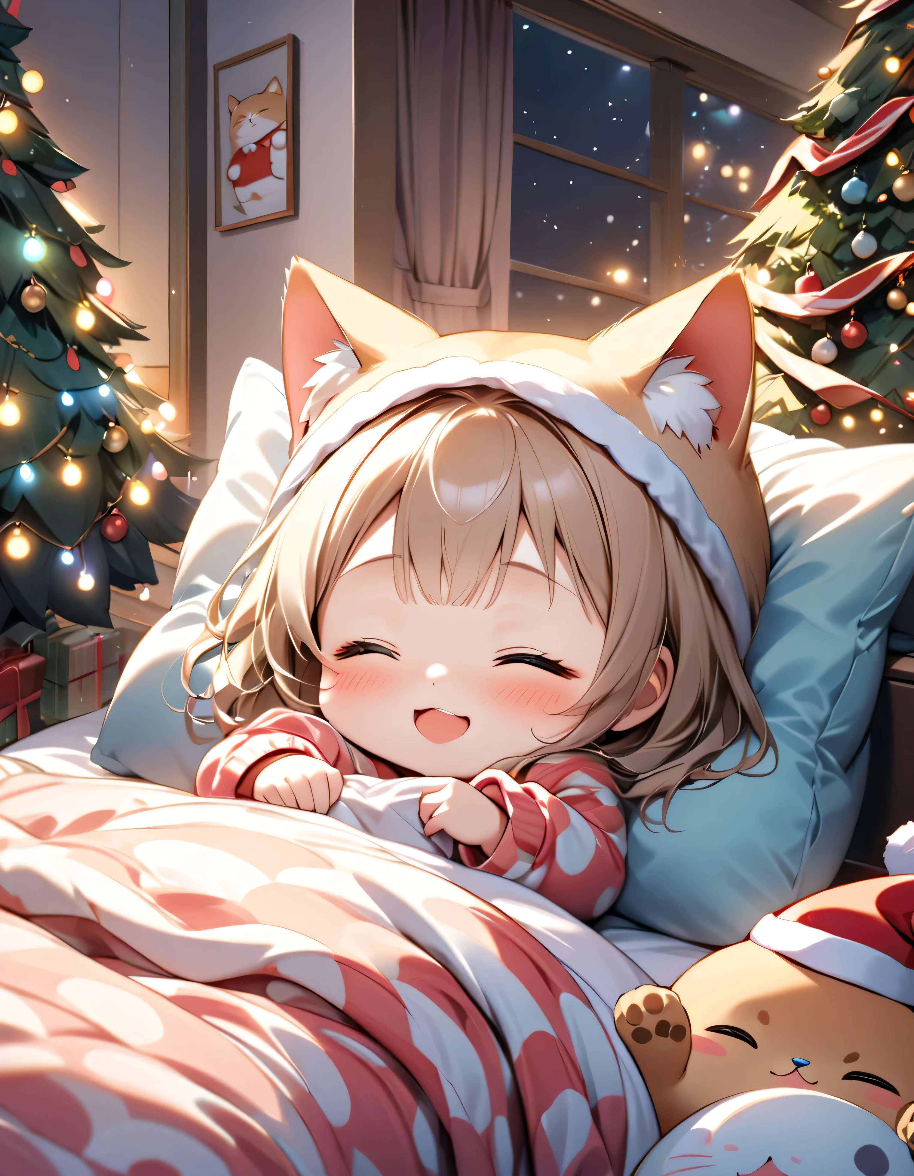(masterpiece), ( ultra detail, Top Quality , clear focus , Dramatic scene , Like in the movies ), shadow, ( Super high resolution, 8k), perfect anatomy, perfect face, ( detailed face ), (Close Eyes Details ), (Chibi), cute Japanese Chibi girl, famous Japanese Chibi idol, very cute and adorable 、 cool face , ( wearing cute loungewear :1.2), is sleeping, ( Big Breasted ), ( She's is sleeping in Bed with Her Cute Giant Fat Cat :1.2), stylish table and chair with cute furniture , At night, Drape with closed window , cute decoration room for Christmas , she's laughing , dynamic angle, ( very adorable giant fat cat's cry :1), Professional writing , (Lots of Cute Cats :1.2), ( sleeping in bed with a Christmas tree bedside illumination with a giant fat cat :1.2), they look so happy , ( Christmas light :1.2), Ultra Wide Angle