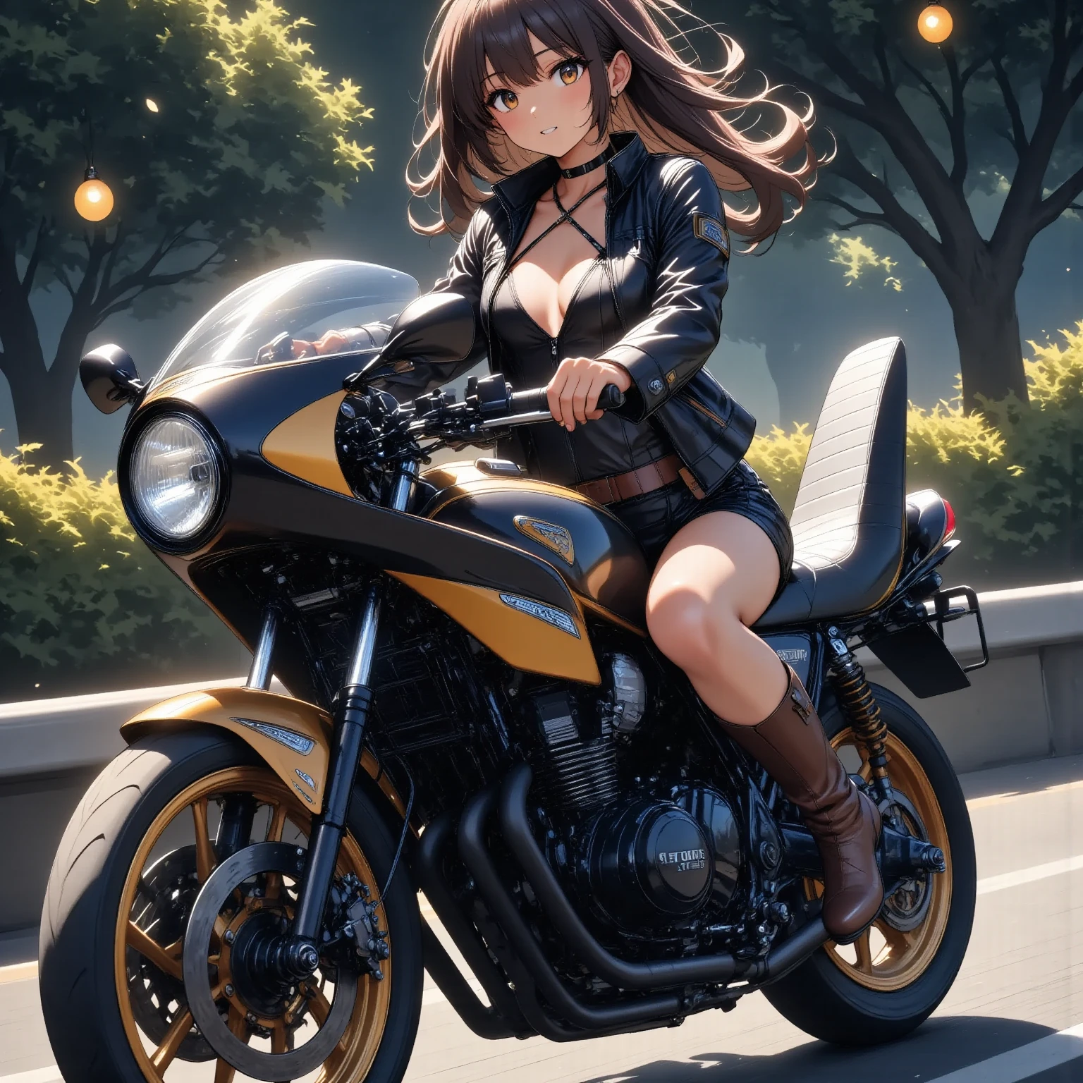 A Beautiful Woman on a Motorcycle  +Glossy Brown Skin  +Long Slim Leather Boots  + coat of slim leather  +Perfect face. 、 top quality,  wolf cut,  movie light effect, 