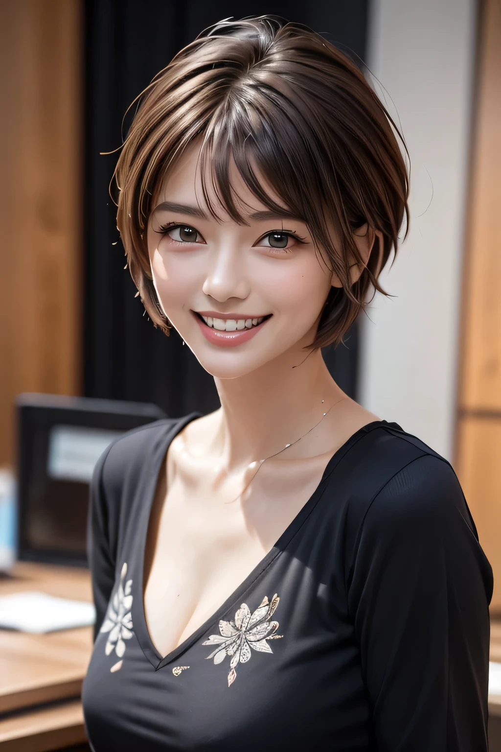 ((masterpiece )), (( Top Quality)), ((16k)), (( surreal)), (( realistic)), ( mature), (( No classes)), very detailed , ( 1 female ), Beautiful and exquisite, (Beautiful Teeth), grin, brunette pixie cut, brown eyes, ((Black shirt decorated with detailed patterns)), ( upper body), (( office)), perfect eyes, amazing eyes, look at the audience with your body facing the front