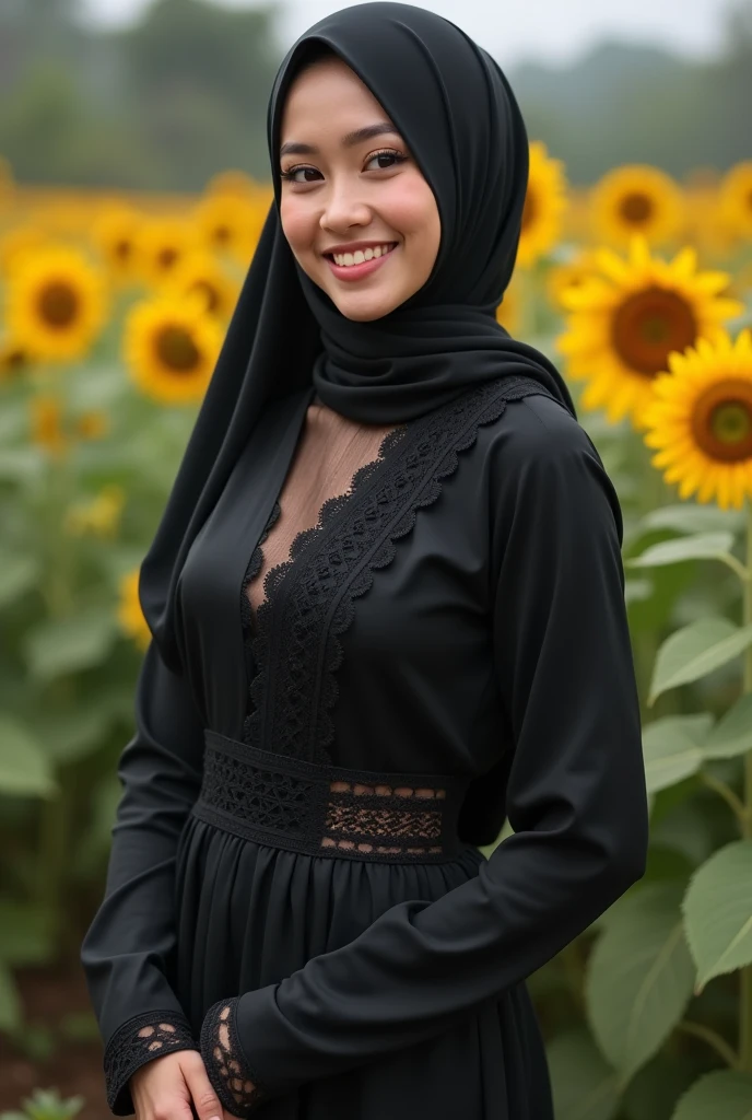 Create a portrait of a Malaysian Muslimah woman with a gothic style and a smile, standing and pose gracefully in a serene field of tall, golden grasses during the soft, warm light of sunset. She is wearing a black hijab covered top body, paired with a flowing loose black outfit adorned with delicate lace detailing. A light-colored shawl with intricate black floral patterns drapes over her shoulders, adding a touch of elegance. The woman has a confident and calm expression, her face softly illuminated by the golden light, highlighting her natural beauty. The background consists of blurred greenery, contributing to the peaceful and natural atmosphere of the scene