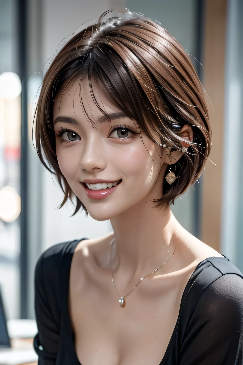 ((masterpiece )), (( Top Quality)), ((16k)), (( surreal)), (( realistic)), ( mature), (( No classes)), very detailed , ( 1 female ), Beautiful and exquisite, (Beautiful Teeth), grin, brunette pixie cut, brown eyes, ((Black shirt decorated with detailed patterns)), ( upper body), (( office)), perfect eyes, amazing eyes, look at the audience with your body facing the front