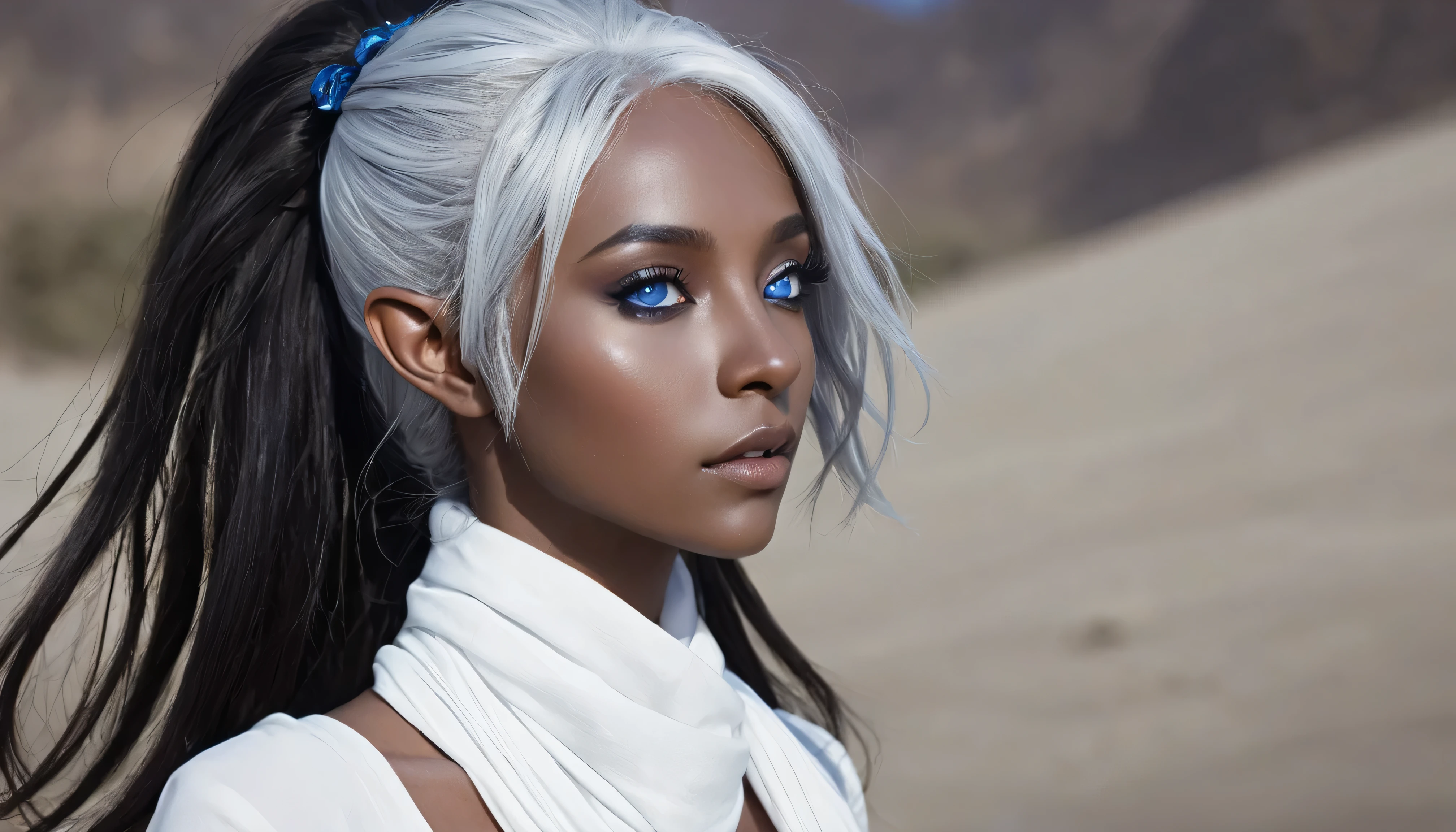 Portrait of a dark elf drow beautiful teenager, Sydney Cole, minthara, intricate dress, soft smile, huge natural lips, short silver white hair, blue-grey eyes, dark colored skin, cleavage, huge heaving breasts, realism, digital painting, concept art, smooth, sharp focus, rule of thirds, Style-Psycho