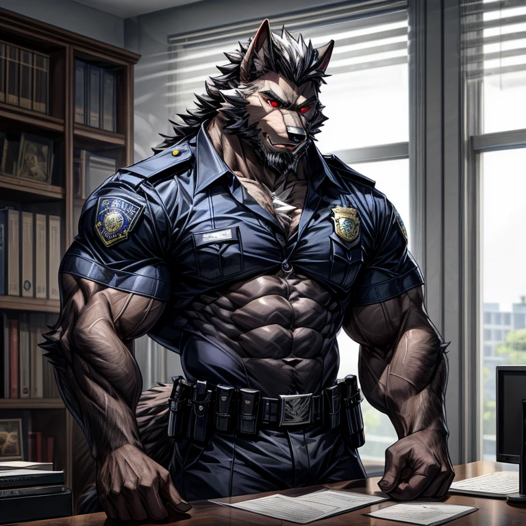 Freddy(Dislyte),werewolf,male,adult,alone,4K,best quality,looking at the book, sentado em uma mesa estudando, study pose, expressão concentrado lendo o livro, estudando em uma biblioteca, background biblioteca,hairy body,furry tail,Busty upper body,chest muscles,Six-pack abs,biceps,anatomically correct,Delicate fur,pride,soft shadow, blue fur ,High quality eyes,Green eyes,black pupils,Sharp eyes,Grandiose,Valiantary,Black collar,Wearing sunglasses,Black leather vest,black belt,Black combat boots,Strong, school, study, books, biblioteca