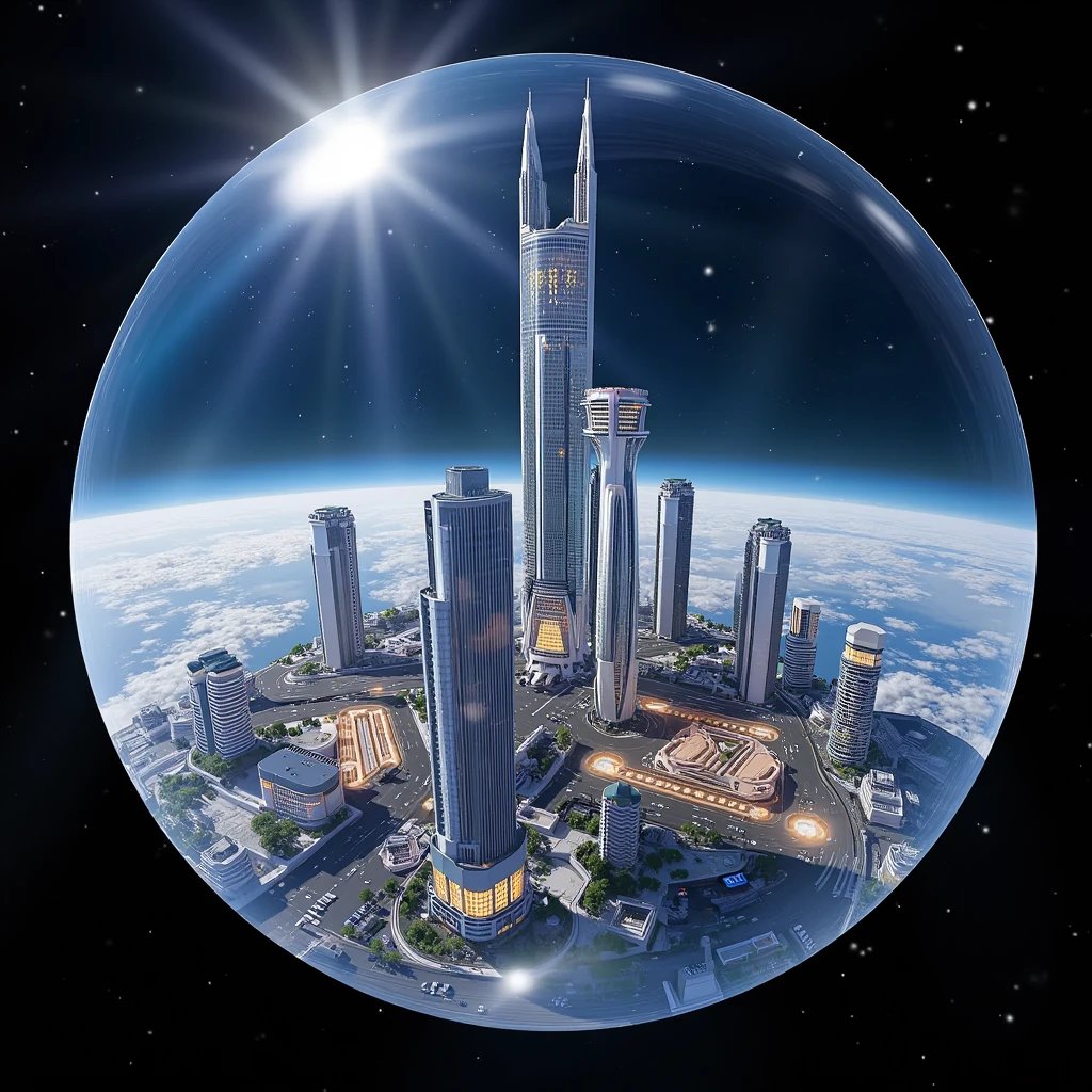  city inside the giant glass sphere, in the space, stars