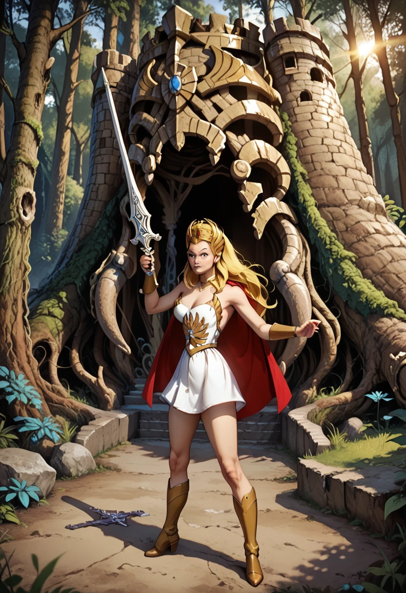 sh3ra, blonde hair, blue eyes, golden tiara, white dress, white skirt, golden armour, boots, red cape, broadsword BREAK full body, swinging sword in a deserted forest, masterpiece, dramatic lighting, highly detailed, depth of field