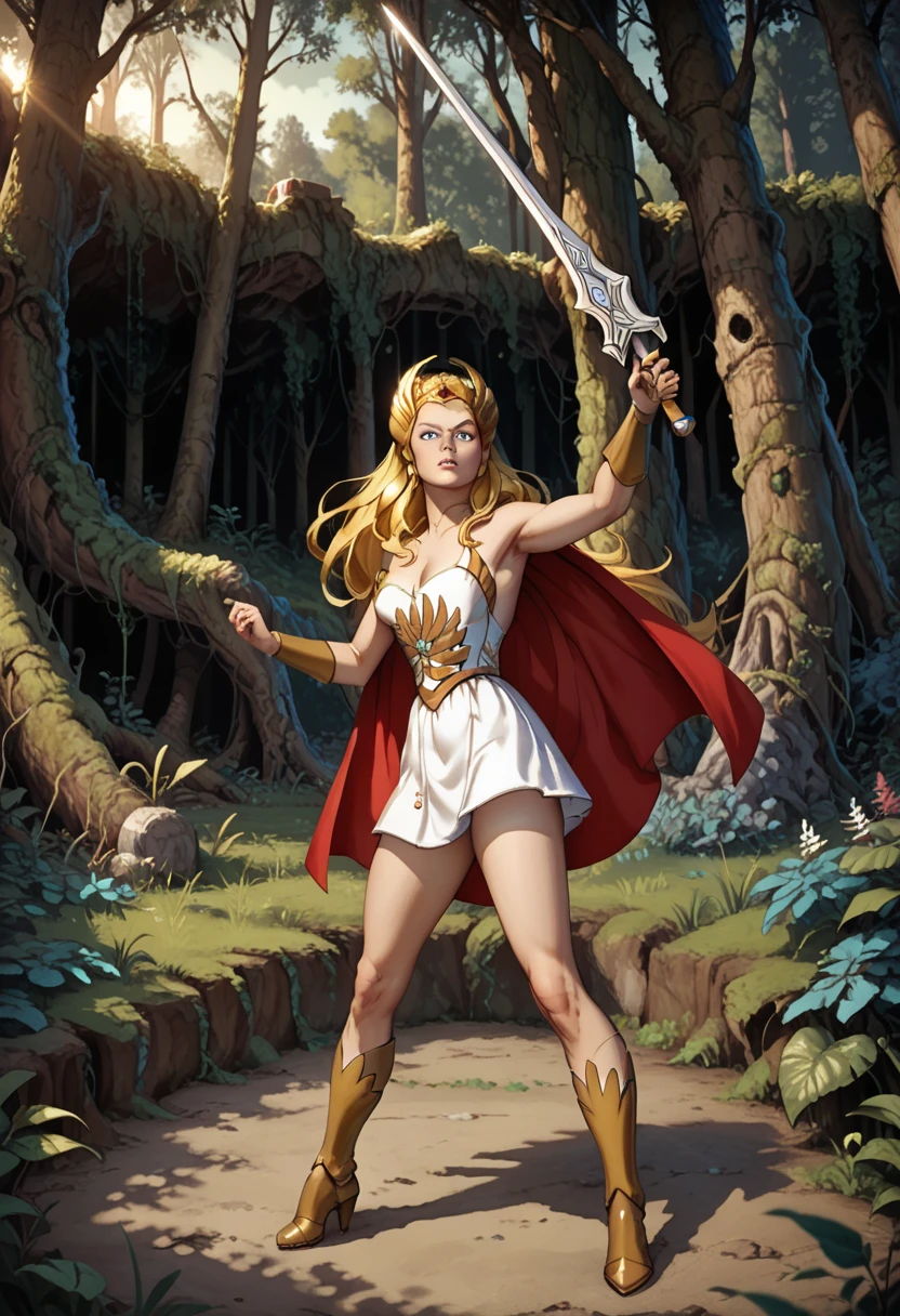 sh3ra, blonde hair, blue eyes, golden tiara, white dress, white skirt, golden armour, boots, red cape, broadsword BREAK full body, swinging sword in a deserted forest, masterpiece, dramatic lighting, highly detailed, depth of field