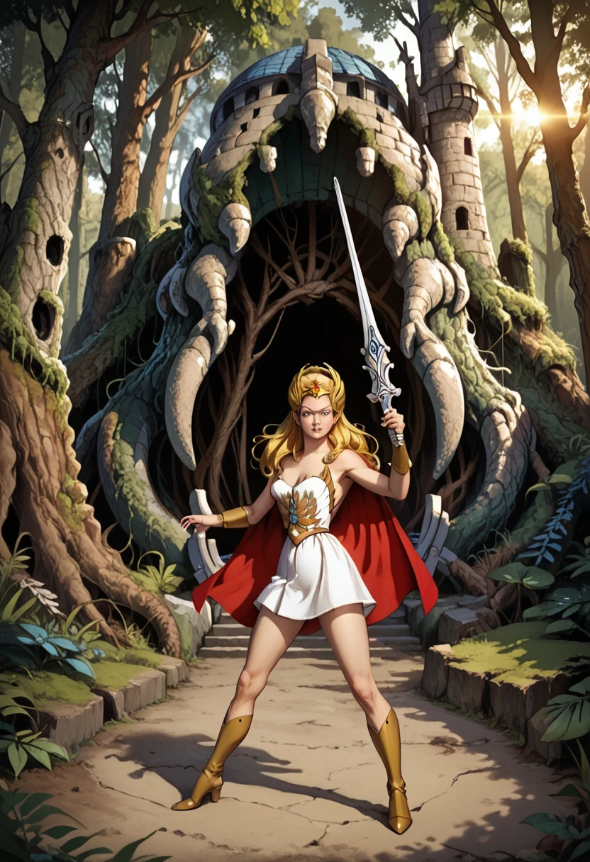 sh3ra, blonde hair, blue eyes, golden tiara, white dress, white skirt, golden armour, boots, red cape, broadsword BREAK full body, swinging sword in a deserted forest, masterpiece, dramatic lighting, highly detailed, depth of field