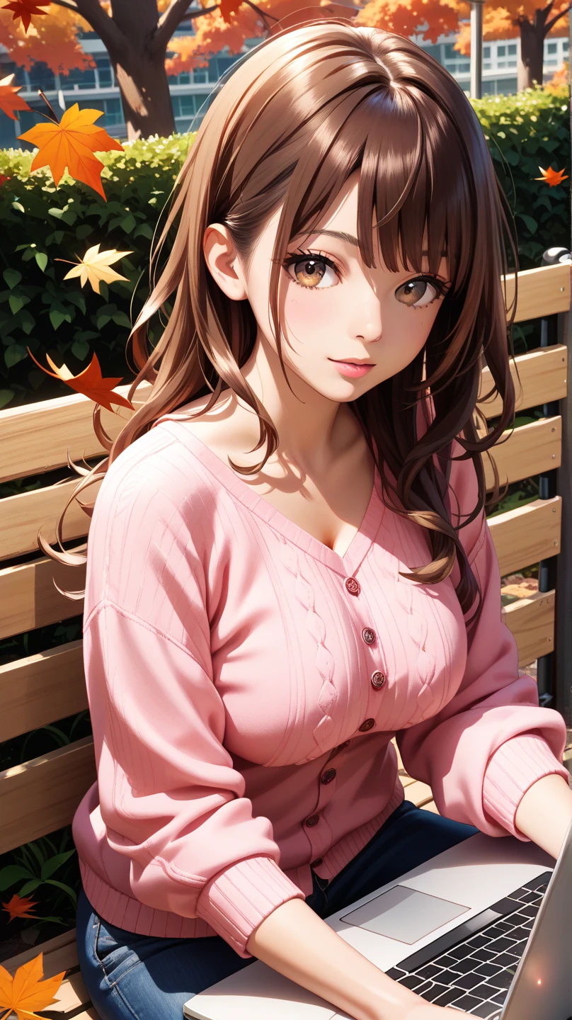 masterpiece, Best Quality, Single, Solo, Beautiful, (long Wave Hair, Bangs, Brown hair), (Brown-eyed, Realistic eyes), large breasts, Dynamic Angle, Perfect body, casual clothes, pink cardigan, autumn, central park, sitting on the bench, ((use a laptop)), close up,