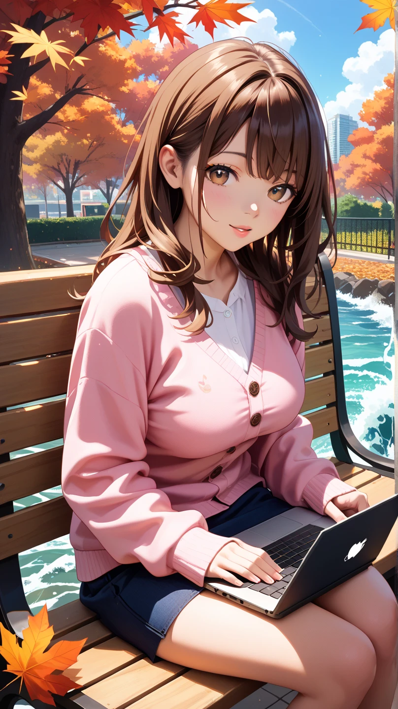 masterpiece, Best Quality, Single, Solo, Beautiful, (long Wave Hair, Bangs, Brown hair), (Brown-eyed, Realistic eyes), large breasts, Dynamic Angle, Perfect body, casual clothes, pink cardigan, short skirt, autumn, central park, sitting on the bench, ((use a laptop)), close up,