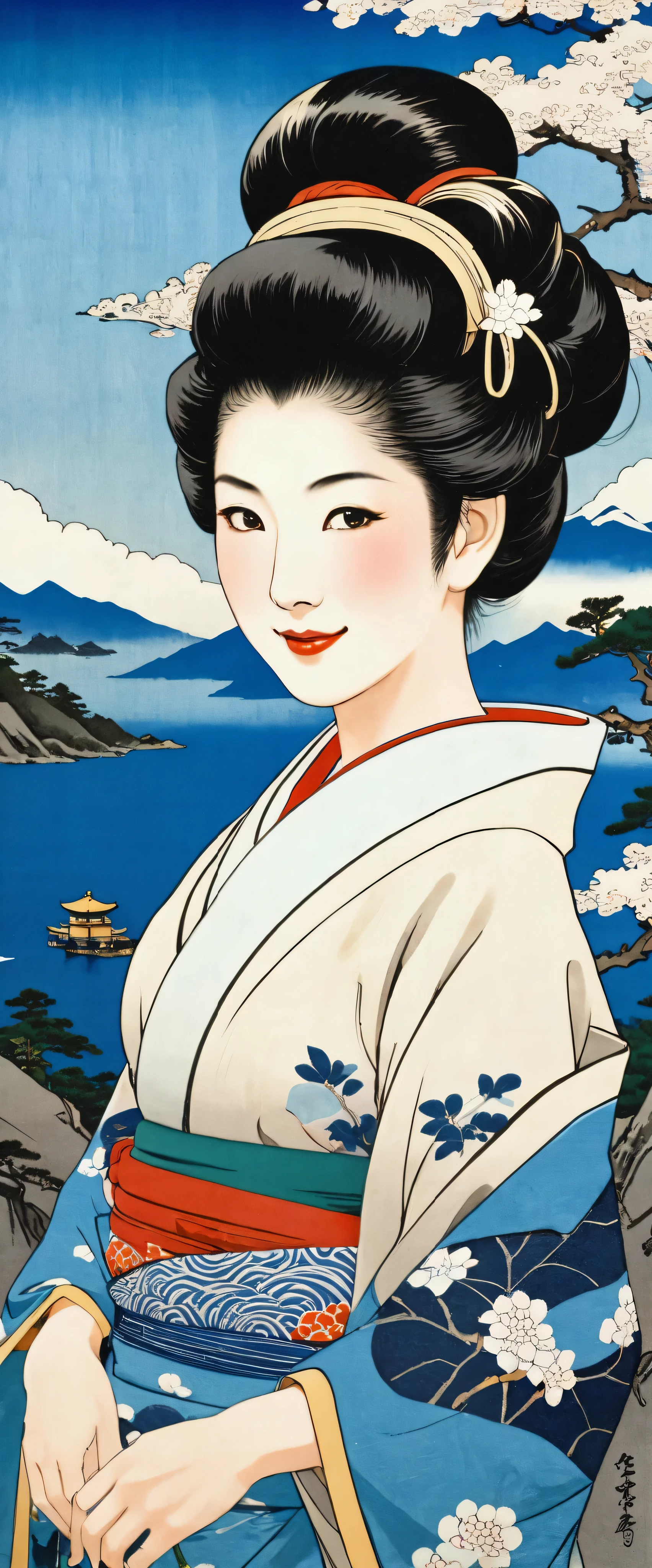 high-definition picture , Ukiyo-e's greatest masterpiece、Katsushika Hokusai manga 、 kimono that looks like a yukata , Smiling woman、High-definition picture that looks like a swirling fire in the Katsushika Hokusai style ,Kimono beauty, face details, Masterpiece, the highest quality of Ukiyo-e , Colorful Ukiyo-e 、Sea or mountain background details, high-resolution image beauty 。