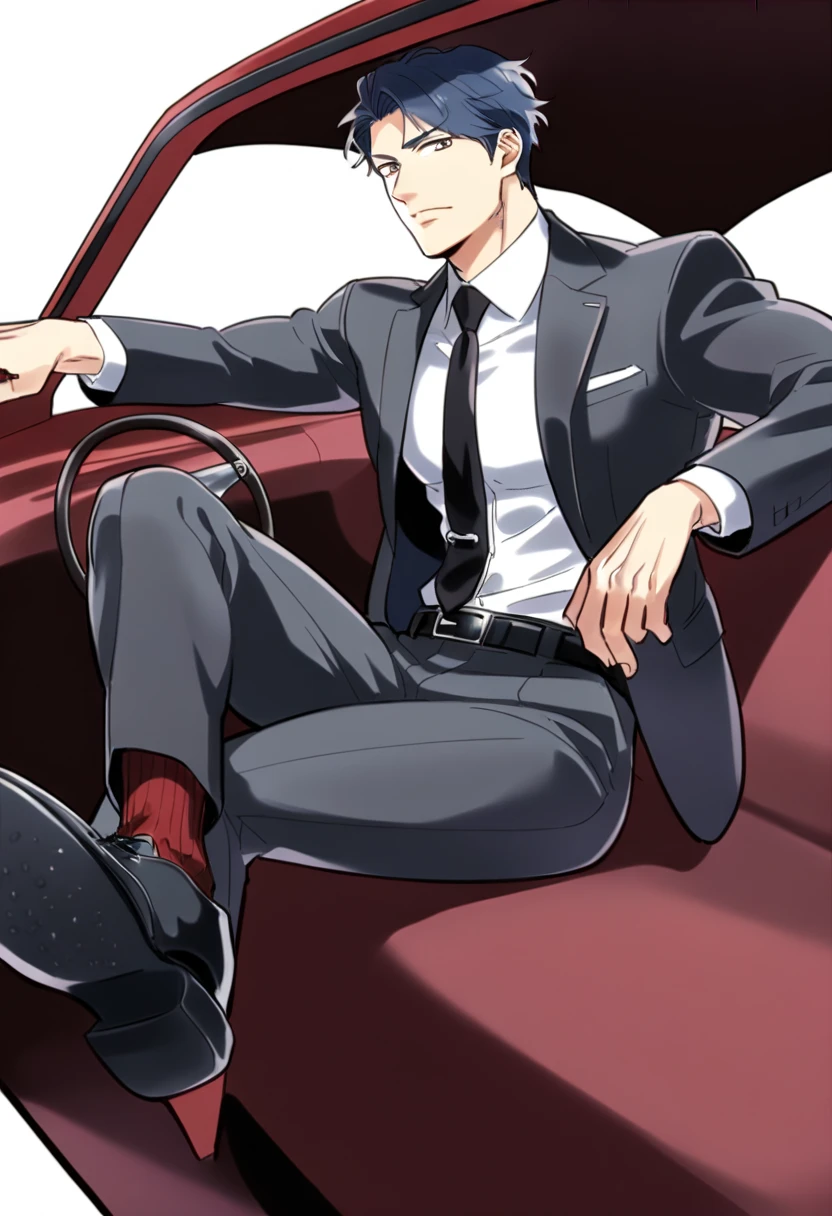 male focus, muscled male, solo, ikemen, mature, male only, tough man, bold, eyes fix, flat chest, sturdy waist, 50 years old, split toe crocodile blucher shoes, collared shirt, tie, three piece suit, belt, slacks, tight clothes, whole body, sitting, invisible chair,  looking at viewer, (white background, simple background:1.5), masterpiece, best quality, mta, showing his socked foot, long tube calf black fancy socks, dominating male pose:2, muscle, long shot, red wine color socks. sitting in 60s car interior at driver sit 