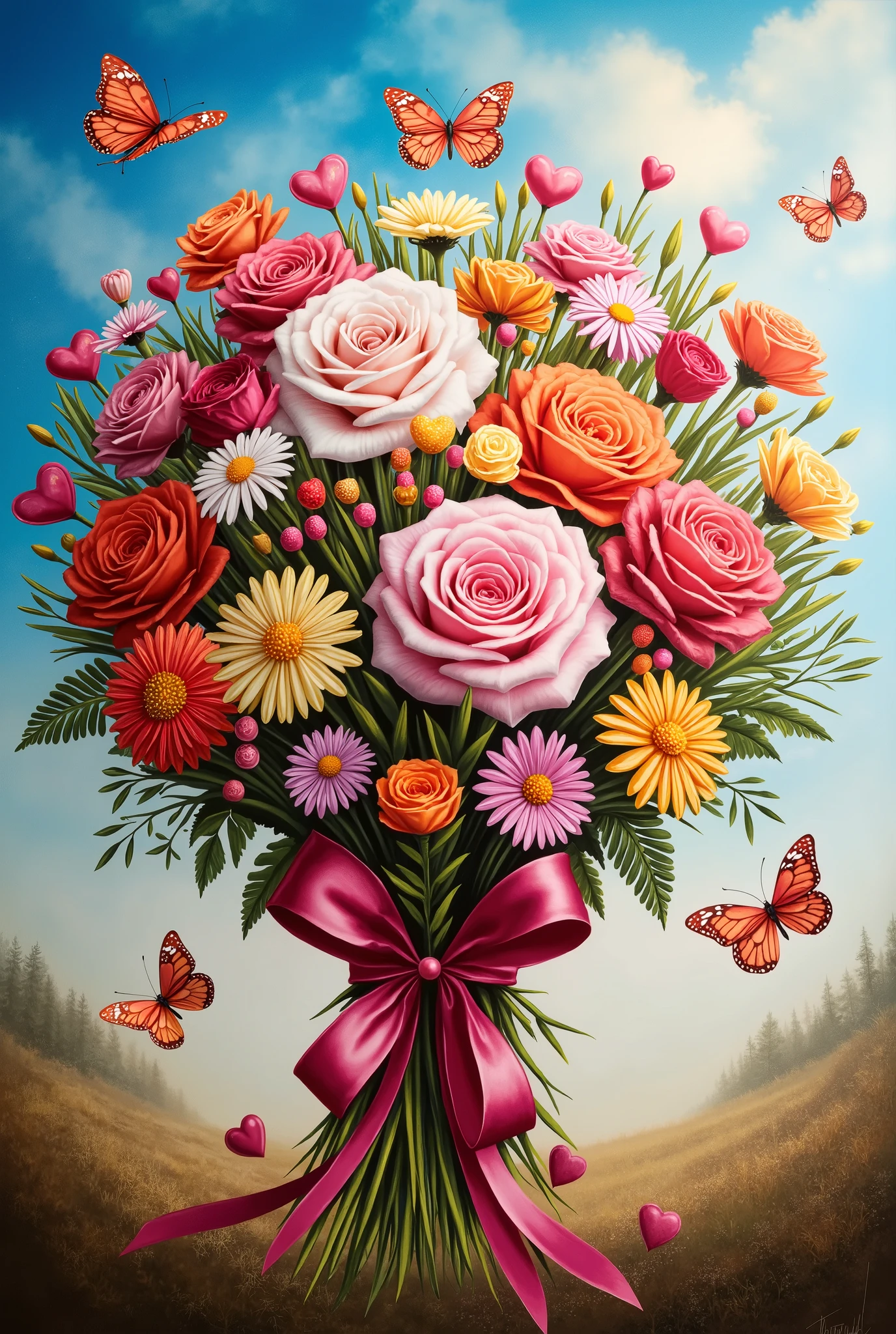 A beautiful bouquet of flowers with candy in the form of hearts , painted in oil paint on the picture , butterflies and a beautiful landscape with blue clouds and gentle warm sunlight, masterpiece fails, 8 k, best quality , maximum details, complex details, Excellent , wallpaper, ultra details,