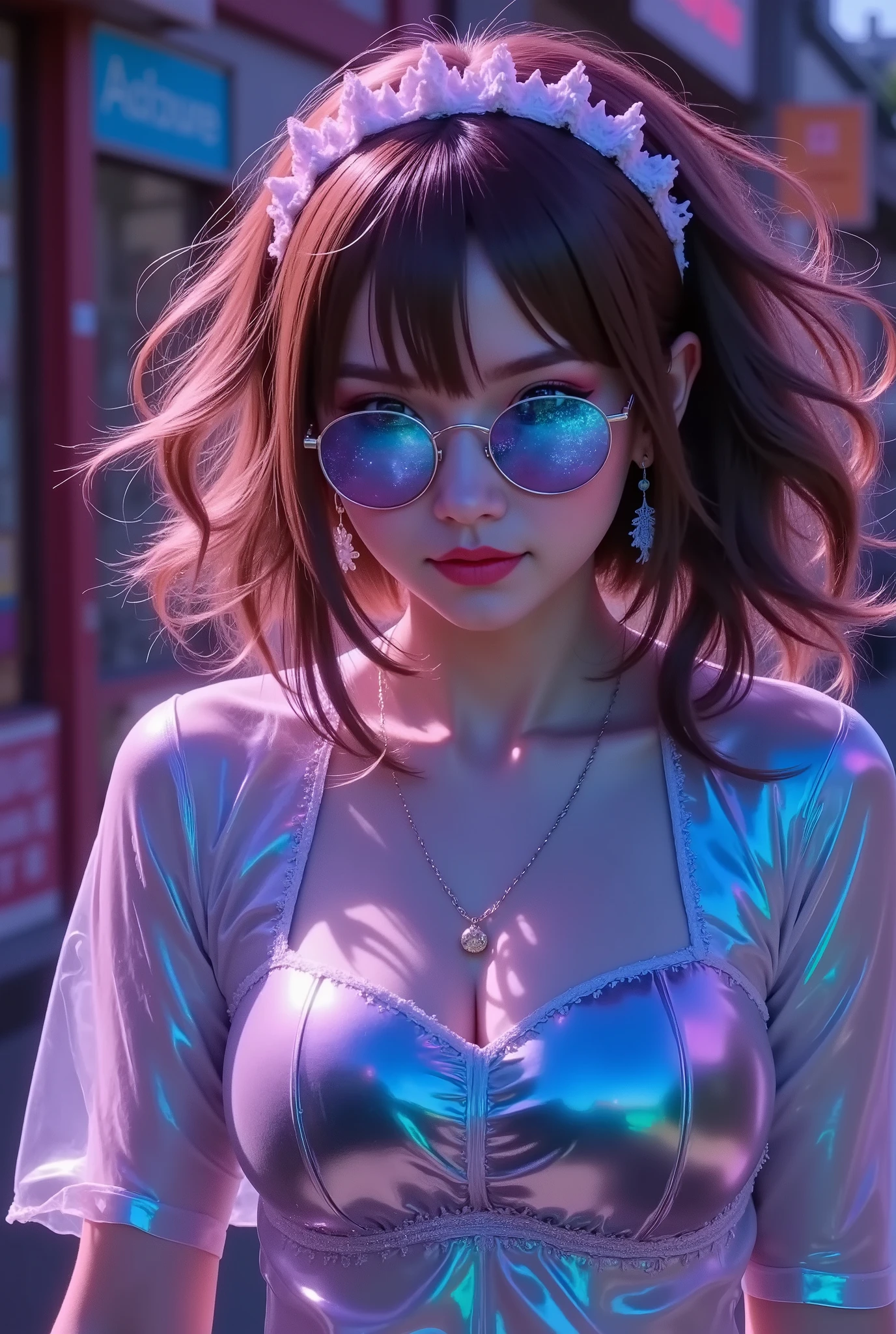 Brown Hair .  beautiful woman wearing curly hair and sunglasses wearing large headphones、 wearing large headphones - earpiece or surround、 Room of Darkness 、Neon Cyberpunk at night 、 coordinator Neon Glow 