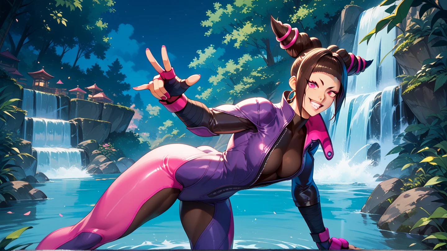 score_9, score_8_up, score_7_up, BREAK, <lora:nyl2professional-guy-PONYv1:1> 1girl, solo, cowboy shot, large breasts, Juri Han, \(Street Fighter\), night, back alley, fighting stance, raised leg, toothy grin, purple eyes, one glowing eye <lora:add-detail-xl:.5>,