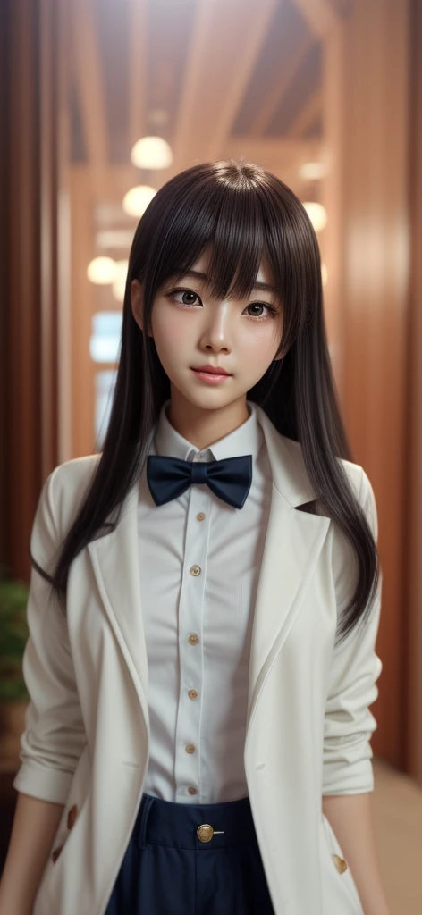 , masterpiece, best quality, 8k, 85mm portrait, absurdres, beautiful girl, (night, upper body:1.5), cute, street, (school uniform, white (the abdomen is visible:1.2) shirt, short sleeve, dark brownish grey pleated (mini skirt:1.2), dark grey tie:1.2), long hair, slender, neon, (Lianyungang, Akishima, Yeonggwang:0.4), no makeup, (dark red tie:1.2), perspective, depth of field, ultra realistic, highres, photography, sharp focus, HDR, facelight, dynamic lighting, highest detailed, extreme detailed, ultra detailed, finely detail, real skin, delicate facial features, shy smiling, ,