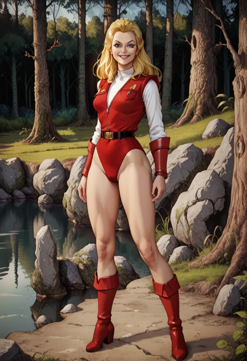 ad0ra, blonde hair, blue eyes, red leotard jacket, white sleeves, red bracers, black belt, red boots, BREAK full body, sexy pose, smiling at viewer by a deserted lake n a forest, masterpiece, dramatic lighting, highly detailed, depth of field