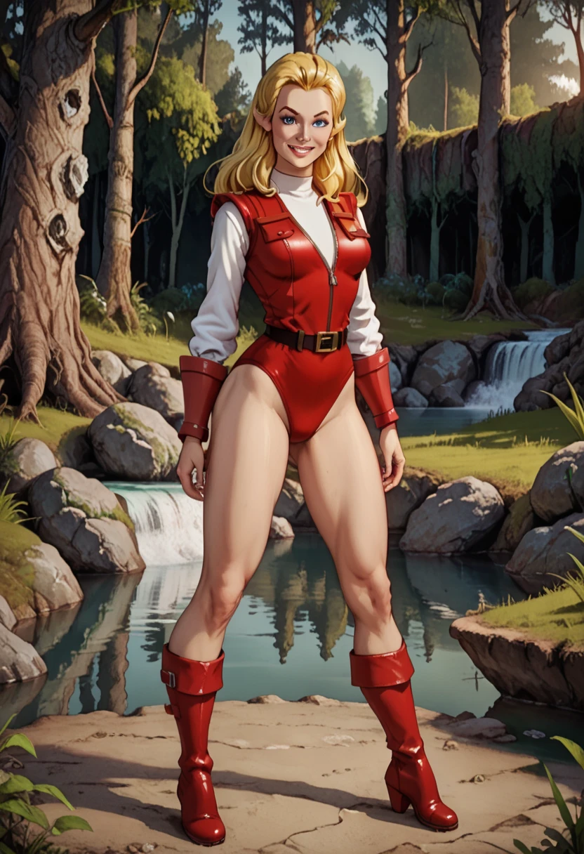 ad0ra, blonde hair, blue eyes, red leotard jacket, white sleeves, red bracers, black belt, red boots, BREAK full body, sexy pose, smiling at viewer by a deserted lake n a forest, masterpiece, dramatic lighting, highly detailed, depth of field