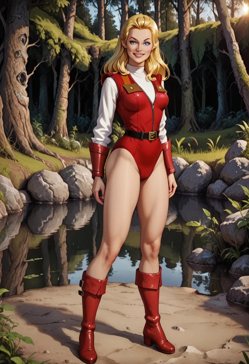 ad0ra, blonde hair, blue eyes, red leotard jacket, white sleeves, red bracers, black belt, red boots, BREAK full body, sexy pose, smiling at viewer by a deserted lake n a forest, masterpiece, dramatic lighting, highly detailed, depth of field