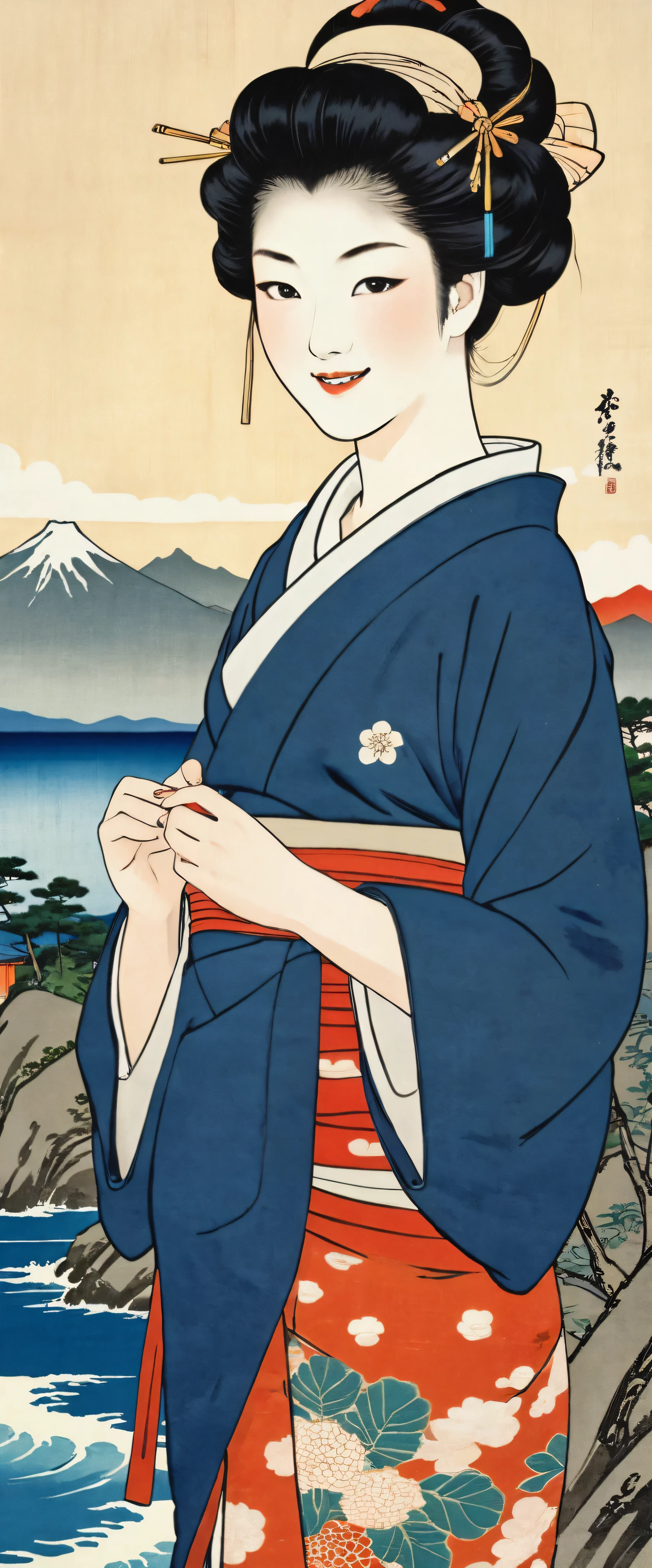  high-definition picture ,The greatest masterpiece of Ukiyo-e 、Katsushika Hokusai manga  、 kimono that looks like a yukata ,　Smiling woman、High-definition picture that looks like a swirling fire in the Katsushika Hokusai style ,Kimono beauty,  face details, Masterpiece,  the highest quality of Ukiyo-e , Colorful ukiyo-e、Sea or mountain background details,  high-resolution image beauty 。