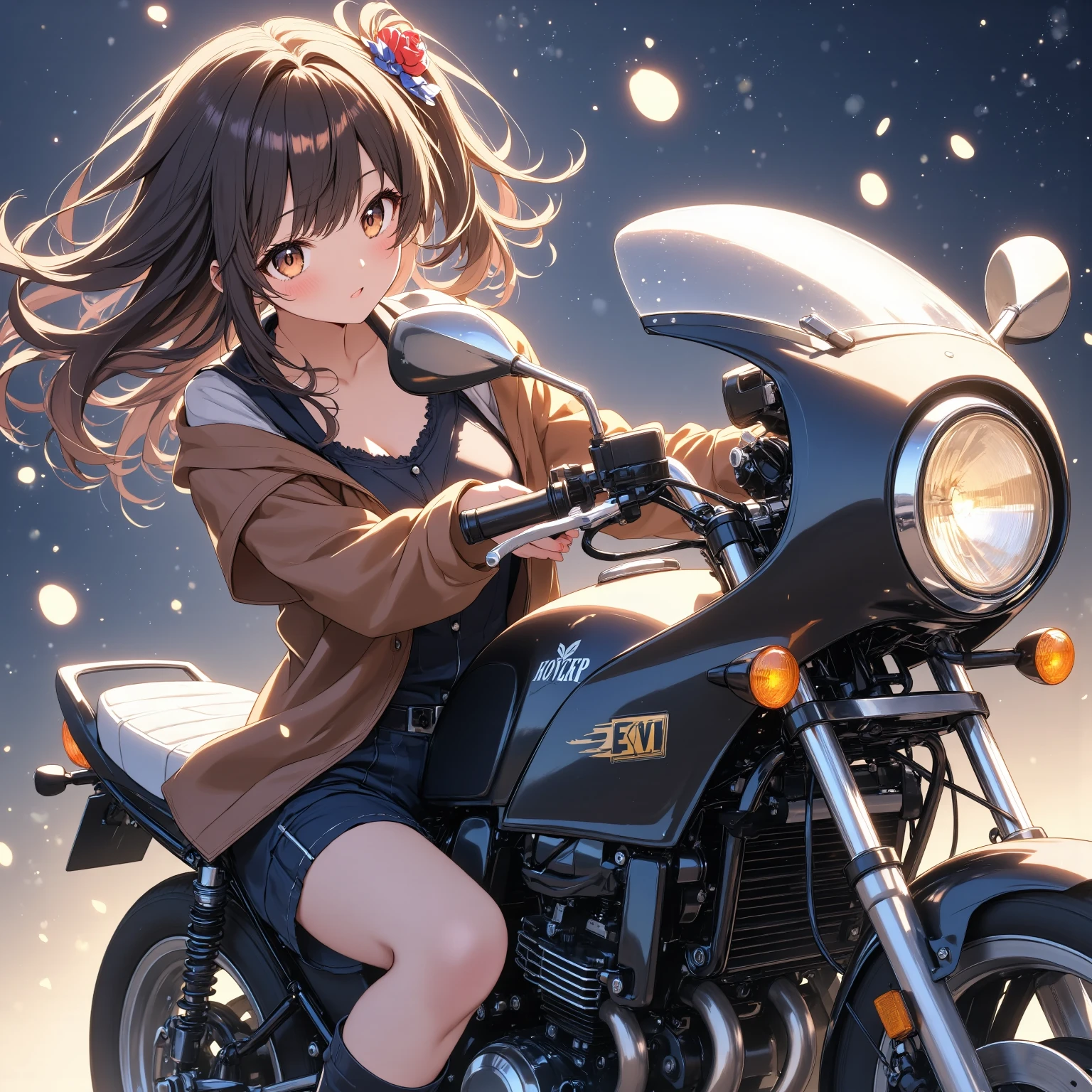 A Beautiful Woman on a Motorcycle  +Glossy Brown Skin  +Long Slim Leather Boots  + coat of slim leather  +Perfect face. 、 top quality,  wolf cut,  movie light effect, 