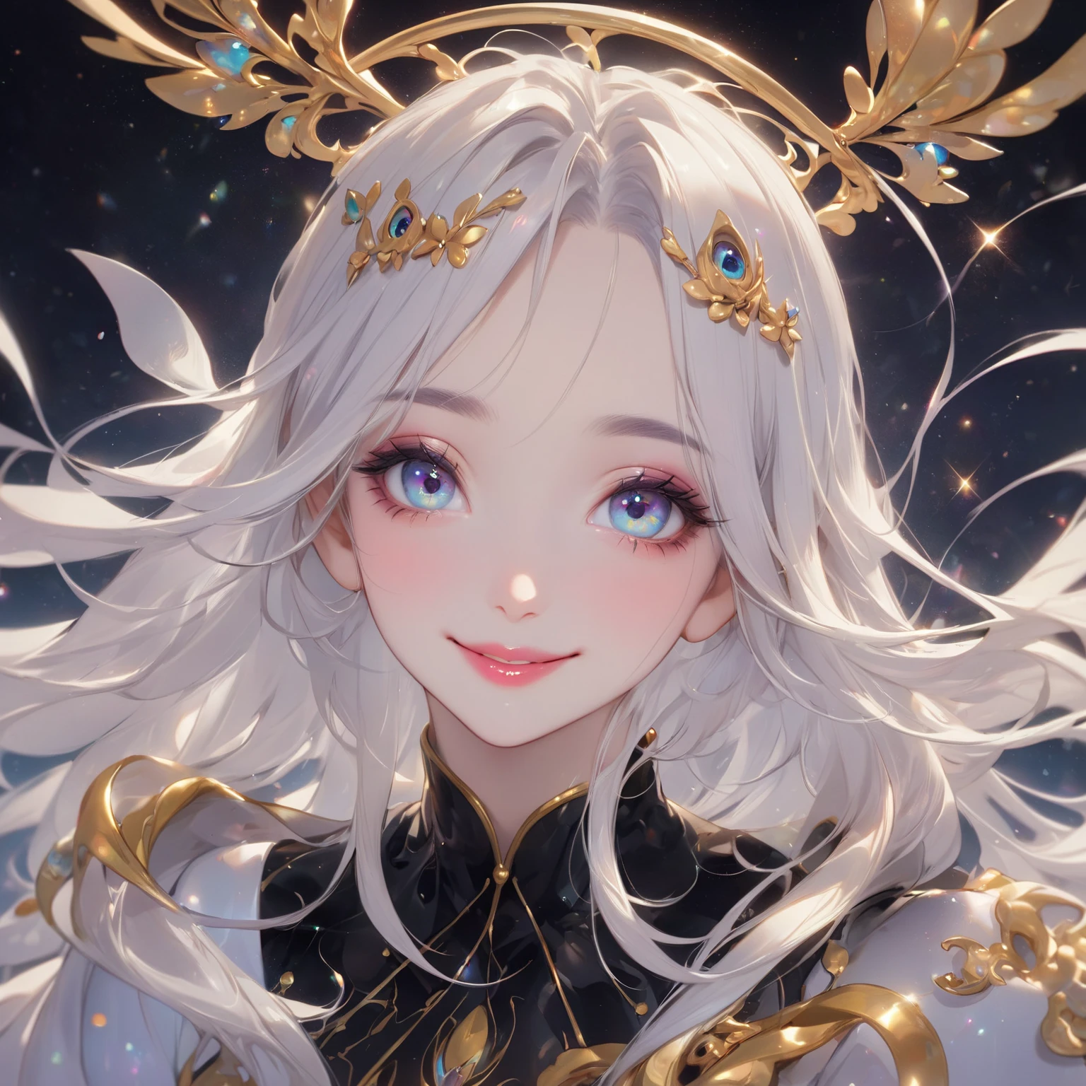 Realistic, (masterpiece, Highest quality, Highest quality, Official Art, beautifully、aesthetic: 1.2), Very detailed, fractal art, colorful, The most detailed, Leo, (Abstract background: 1.5), (One girl: 1.3), (Cat Class), Yellow Hair, Bright Eyes, Serious, Combed back, short hair, milky way, huge magical gold Leo astrolabe, dream, Fantasy, ,beautifullydetailedな空, Style and Decoration for Leo, Leogoddess, (Browsing Caution:0.8), Delicate reflectivity and high glass guardrail board,((Highest quality)), ((masterpiece)), (detailed), アニメ Fairy magic City monochrome romantic Calm Retro Style Elegant and detailed feather design Gothic Dress accessories Light effects Gothic goddess Silver Hair
