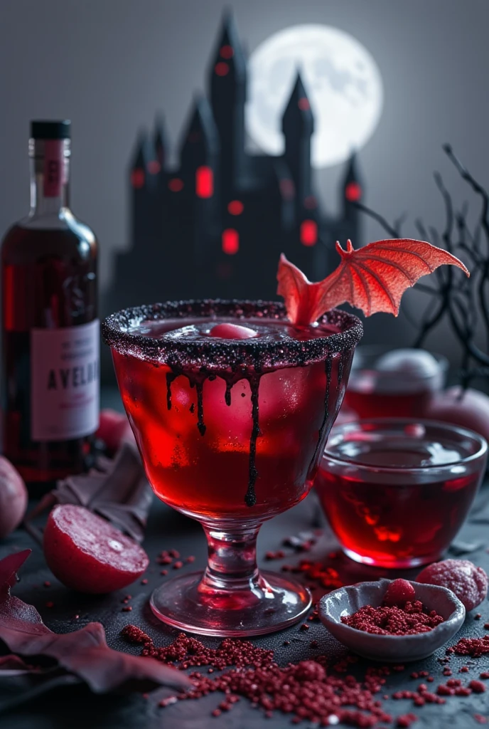 (best quality, 128k,highres,masterpiece:1.2),ultra-detailed,(realistic,photorealistic,photo-realistic:1.37), ((masterpiece)) ((photography)) ((Highest quality))  A sinister cocktail titled "Sang de Vampire" served in a blood-red goblet with a dripping effect on the rim.  
The drink combines beetroot juice, blackcurrant liqueur, a splash of red wine, and a swirl of edible "blood" syrup.  
The glass is garnished with a fake bat wing and black edible glitter for a macabre touch.  
Ingredients are arranged around the glass: a fresh beetroot, a bottle of blackcurrant liqueur, a wine glass, and a small bowl of red syrup.  
The background is a Gothic castle with moonlight illuminating the scene.