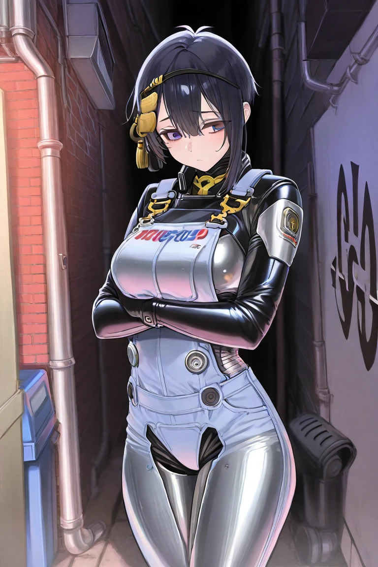 (  top quality ), (  best quality ), (  best quality ), (Overall view) Back Alley, The charming Mikazuki Munechika,  Robocop cosplay ,Robocop is kissed by 2 thin macho Japanese groups of prince type wearing shiny leather jackets, Frightened RoboCop  