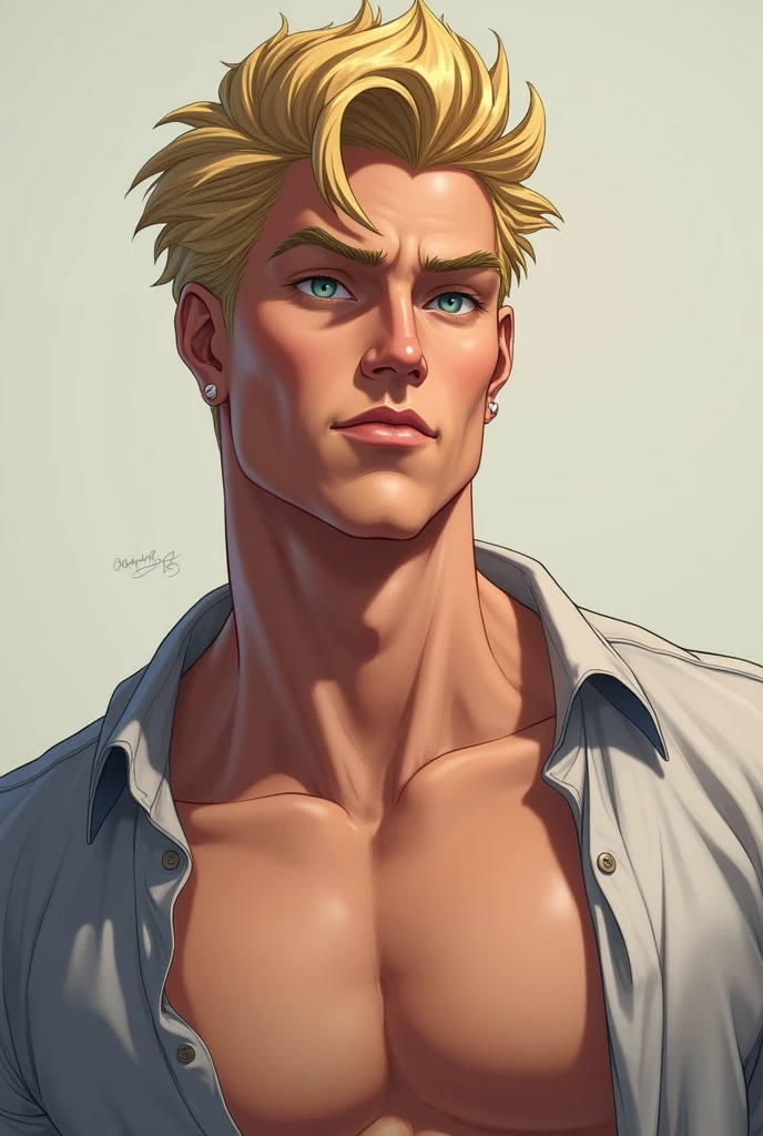 Man with blonde wavy short hair, muscular, soft dark drown eyes